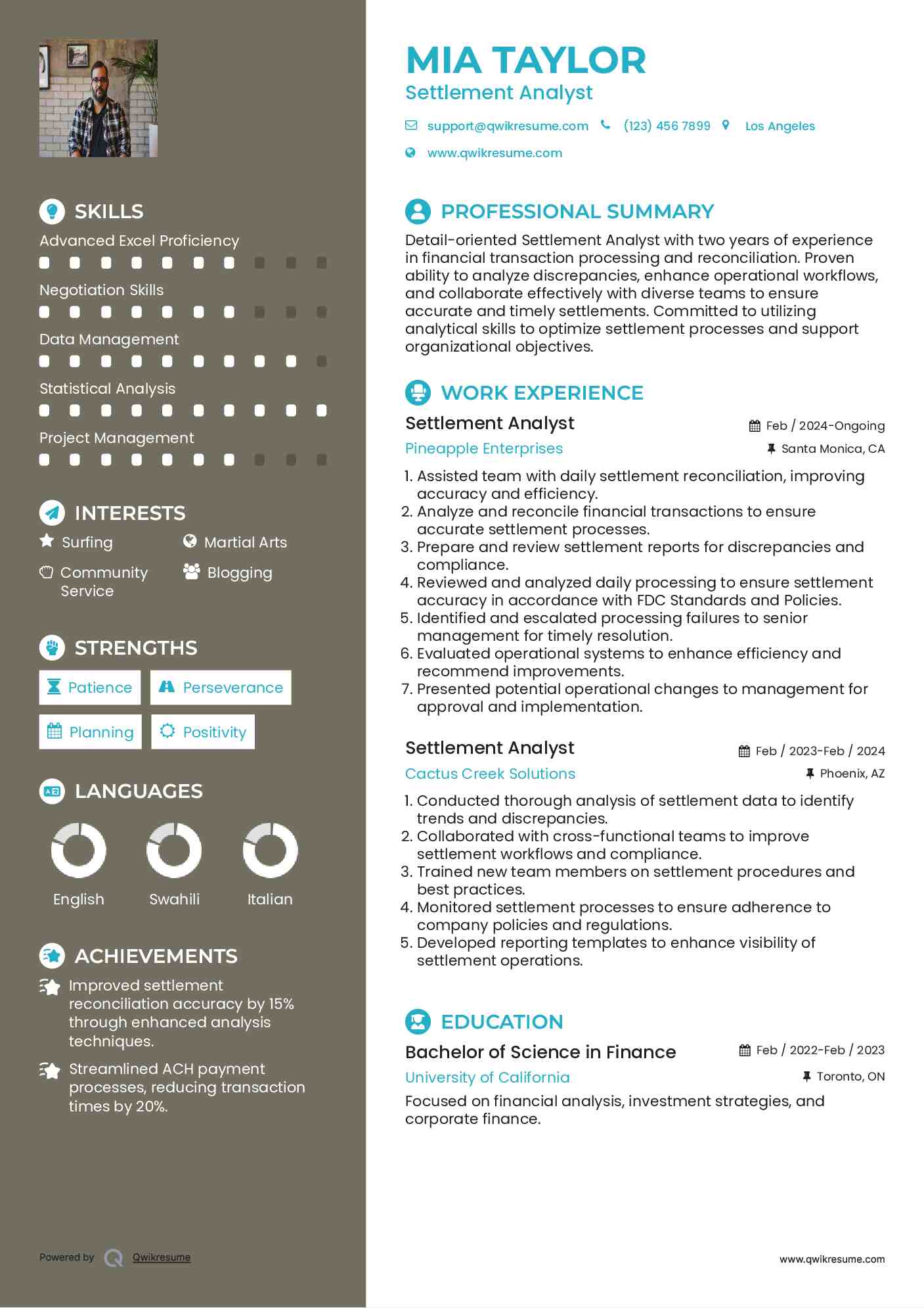 Settlement Analyst Resume Sample