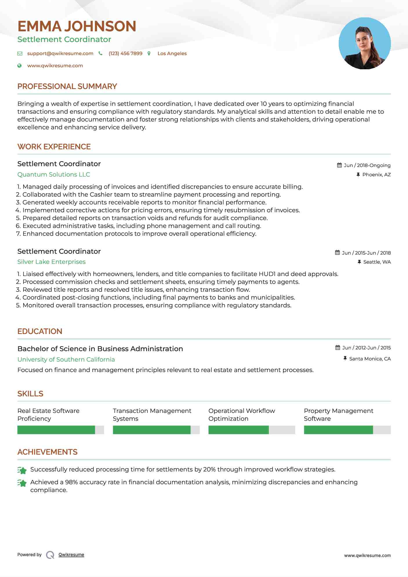 Settlement Coordinator Resume Example