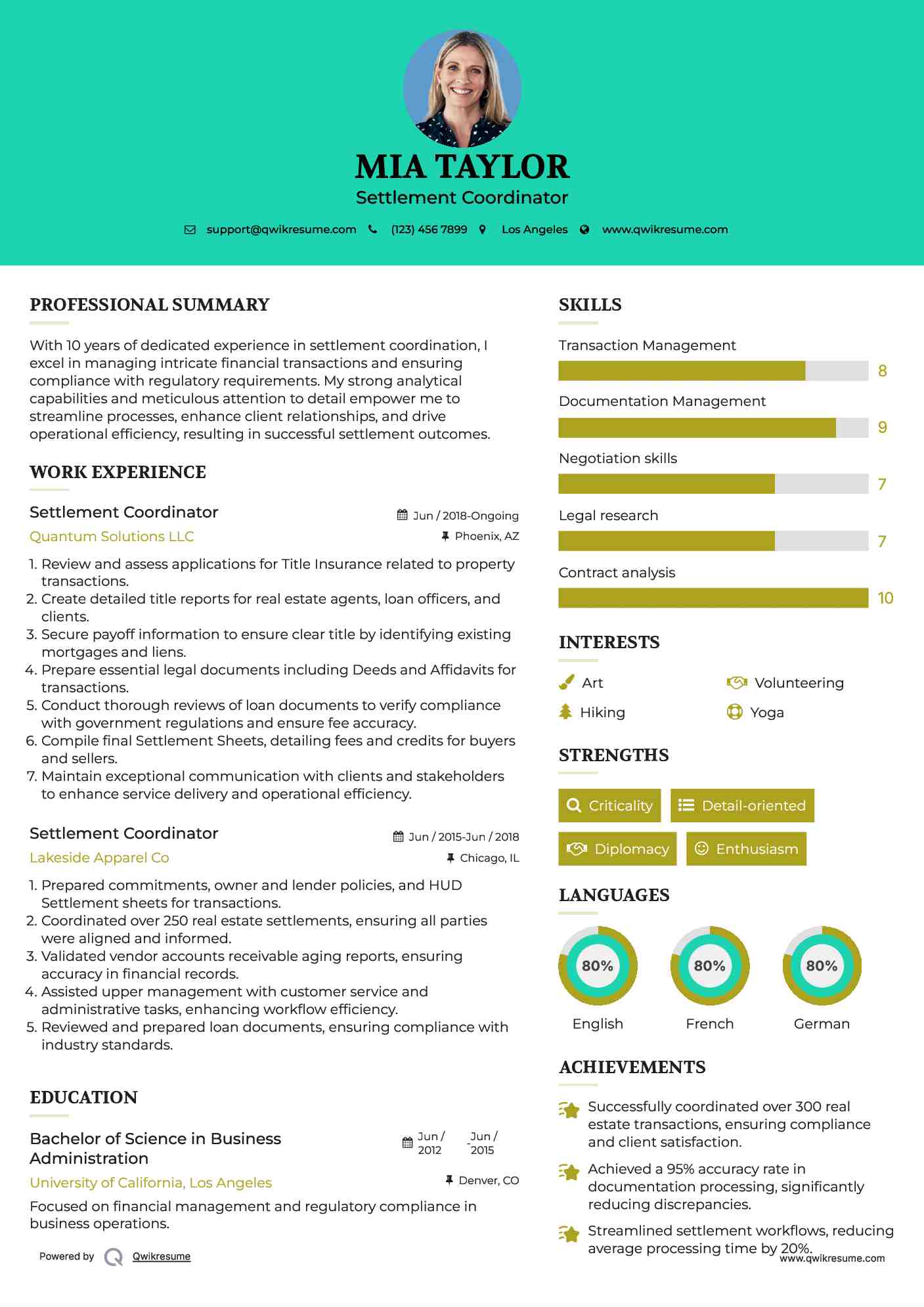 Settlement Coordinator Resume Sample