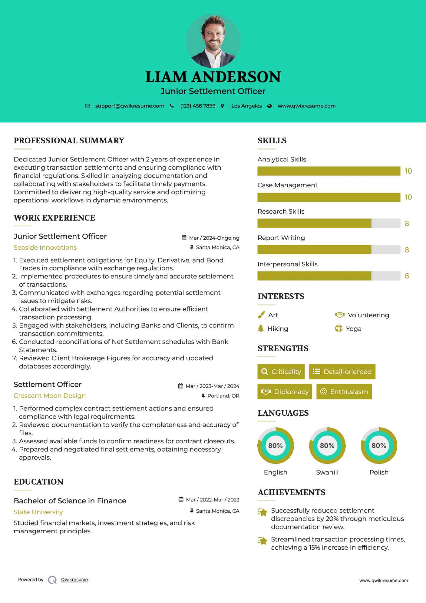 Junior Settlement Officer Resume Template