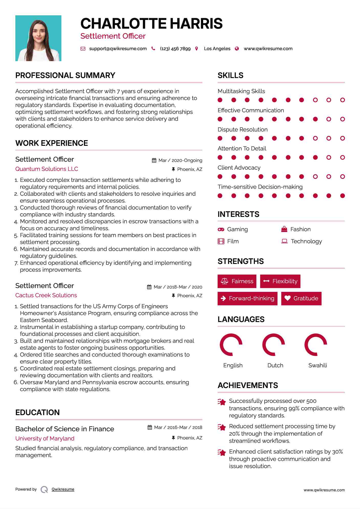 Settlement Officer Resume Model