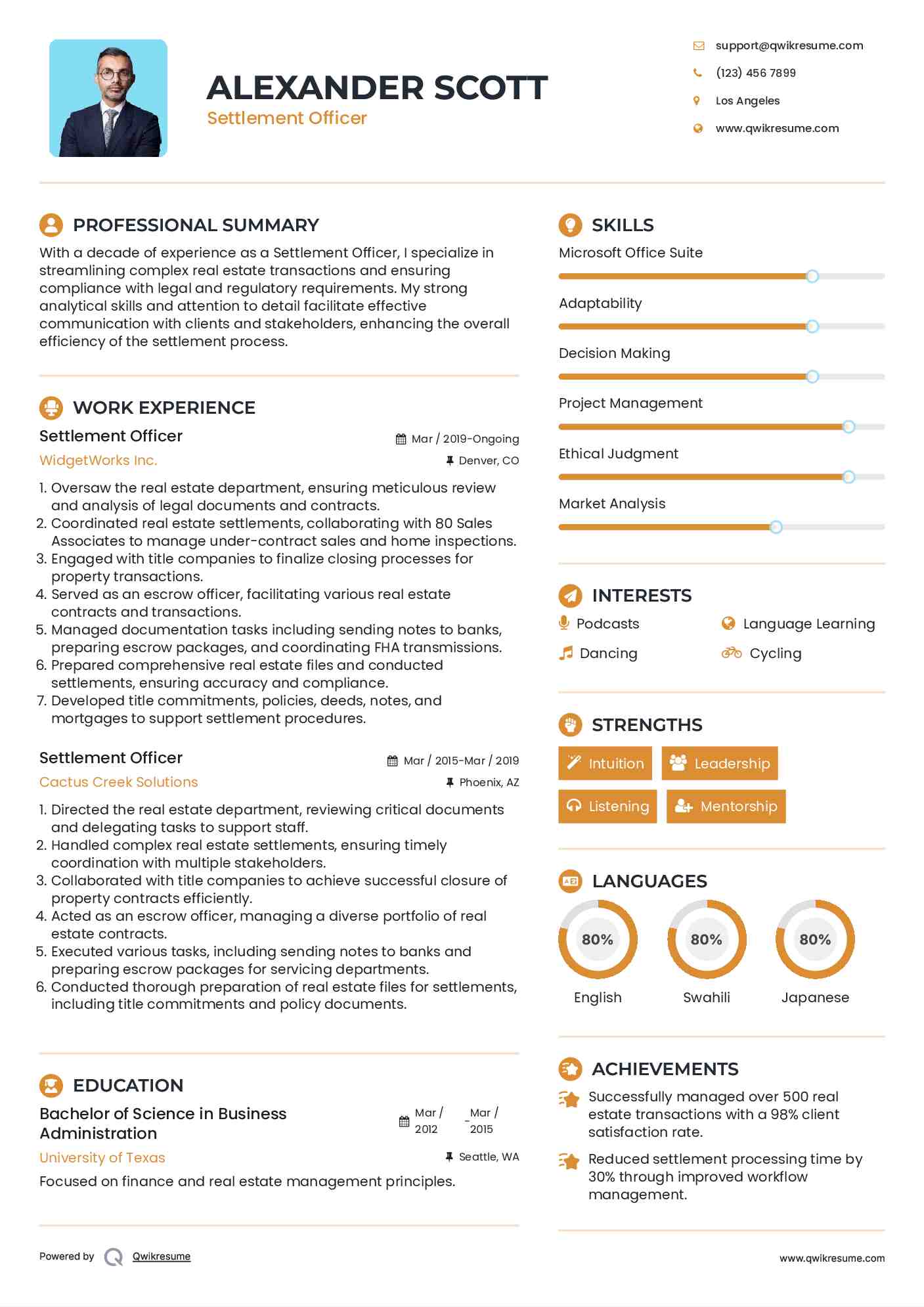 Settlement Officer Resume Example
