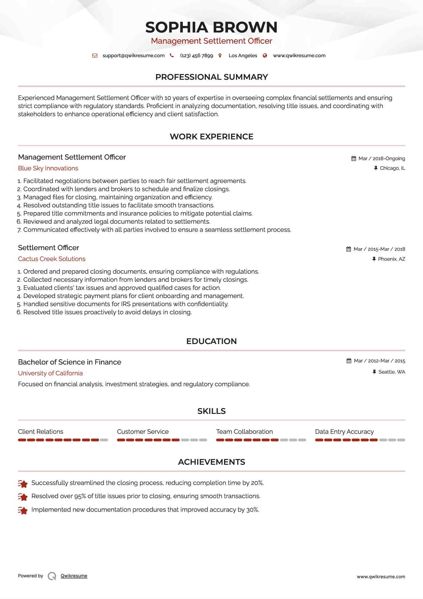 Management Settlement Officer Resume Sample