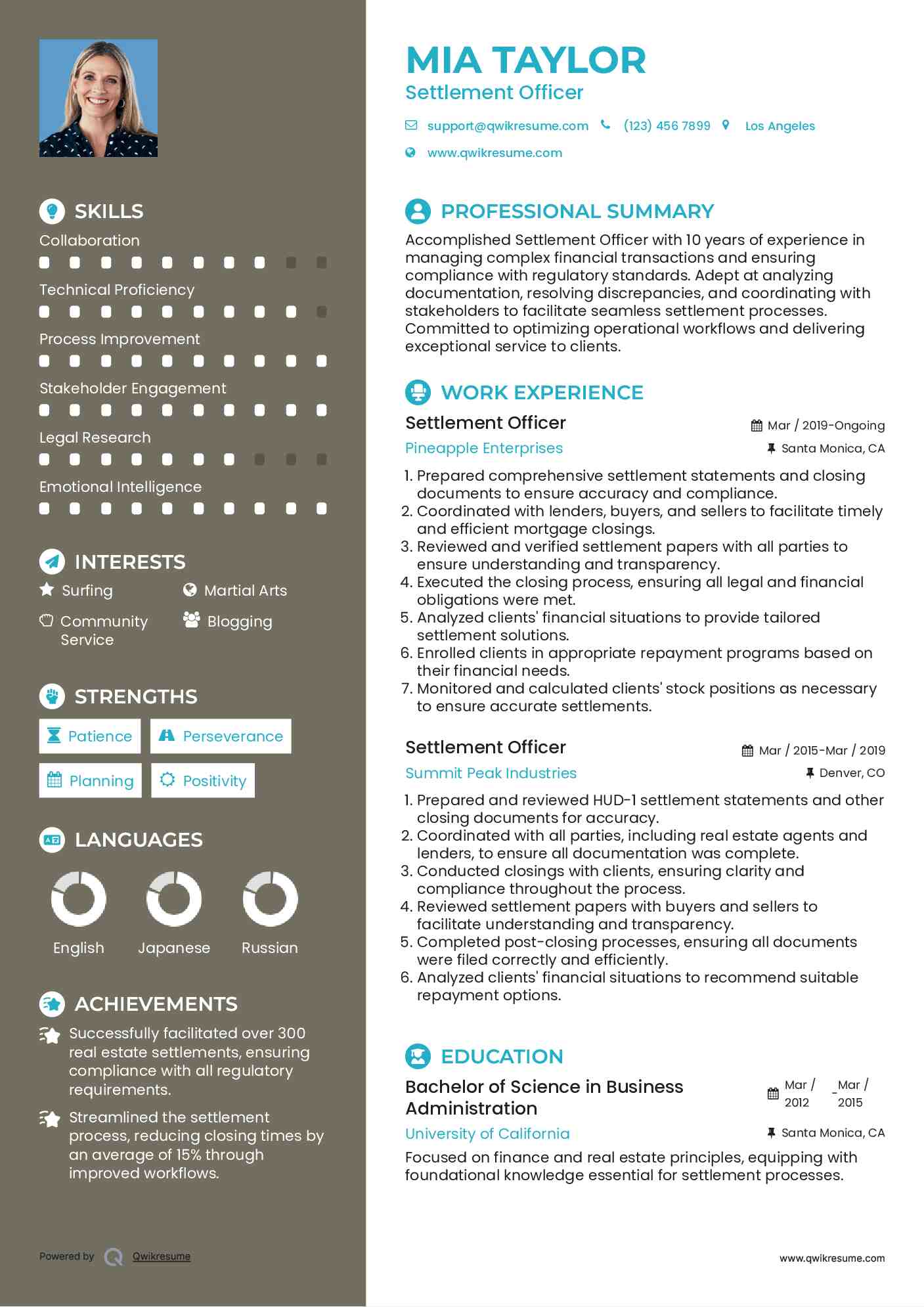 Settlement Officer Resume Sample