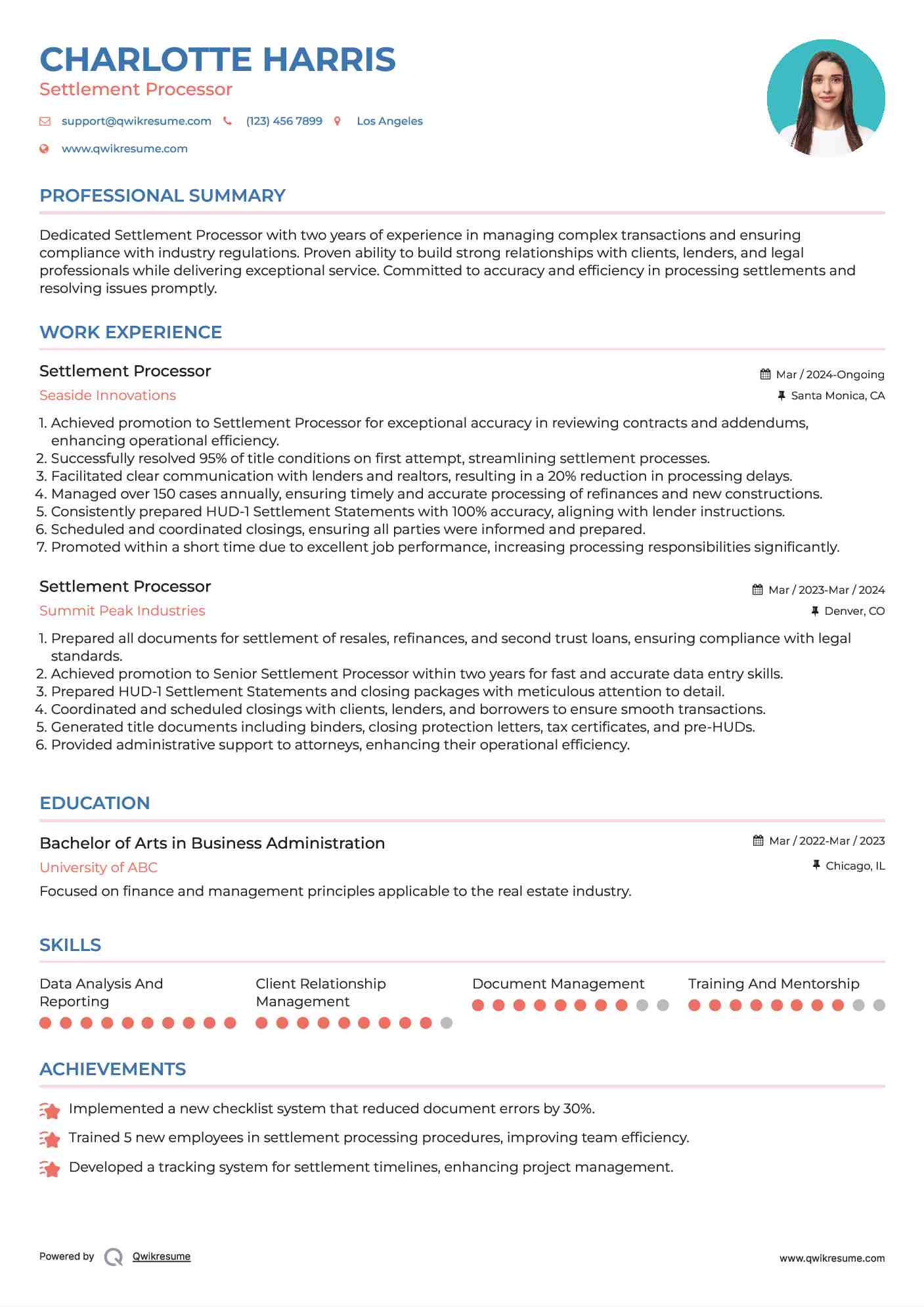 Settlement Processor Resume Template