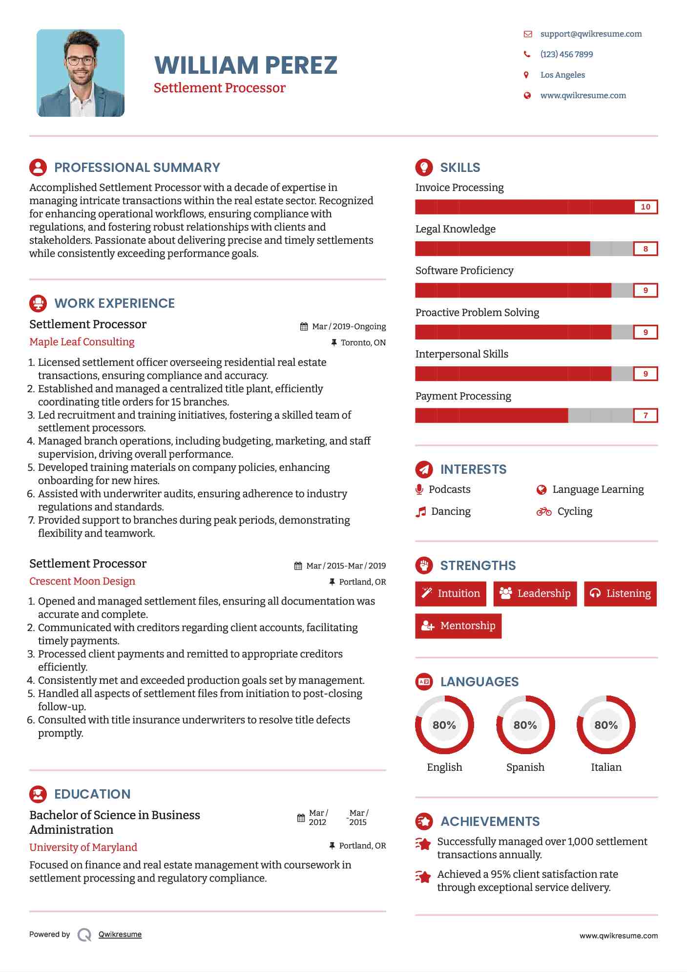 Settlement Processor Resume Example