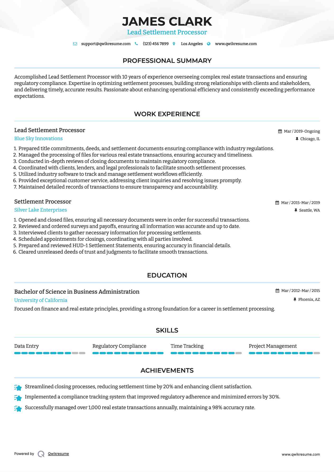 Lead Settlement Processor Resume Model