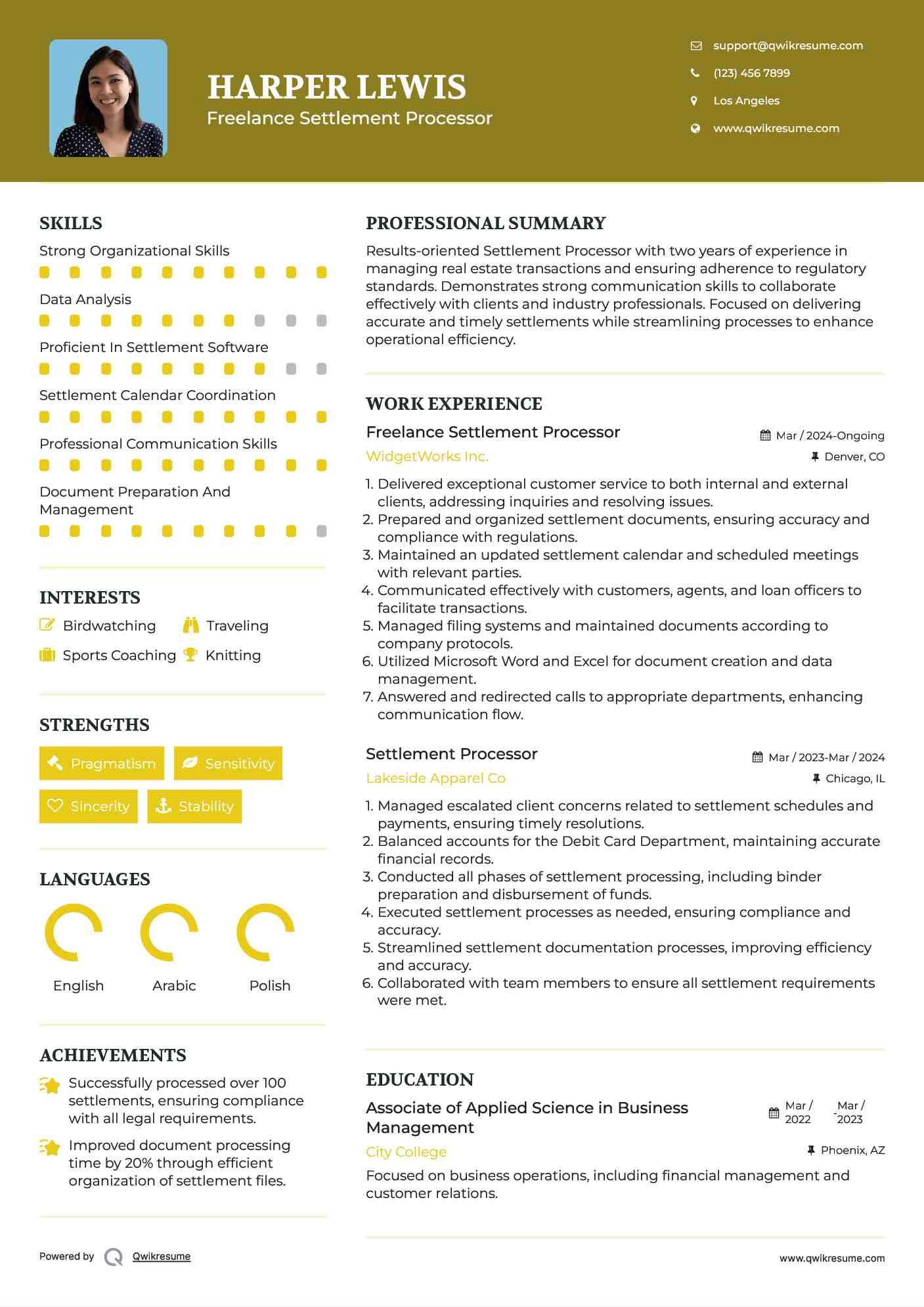 Freelance Settlement Processor Resume Example
