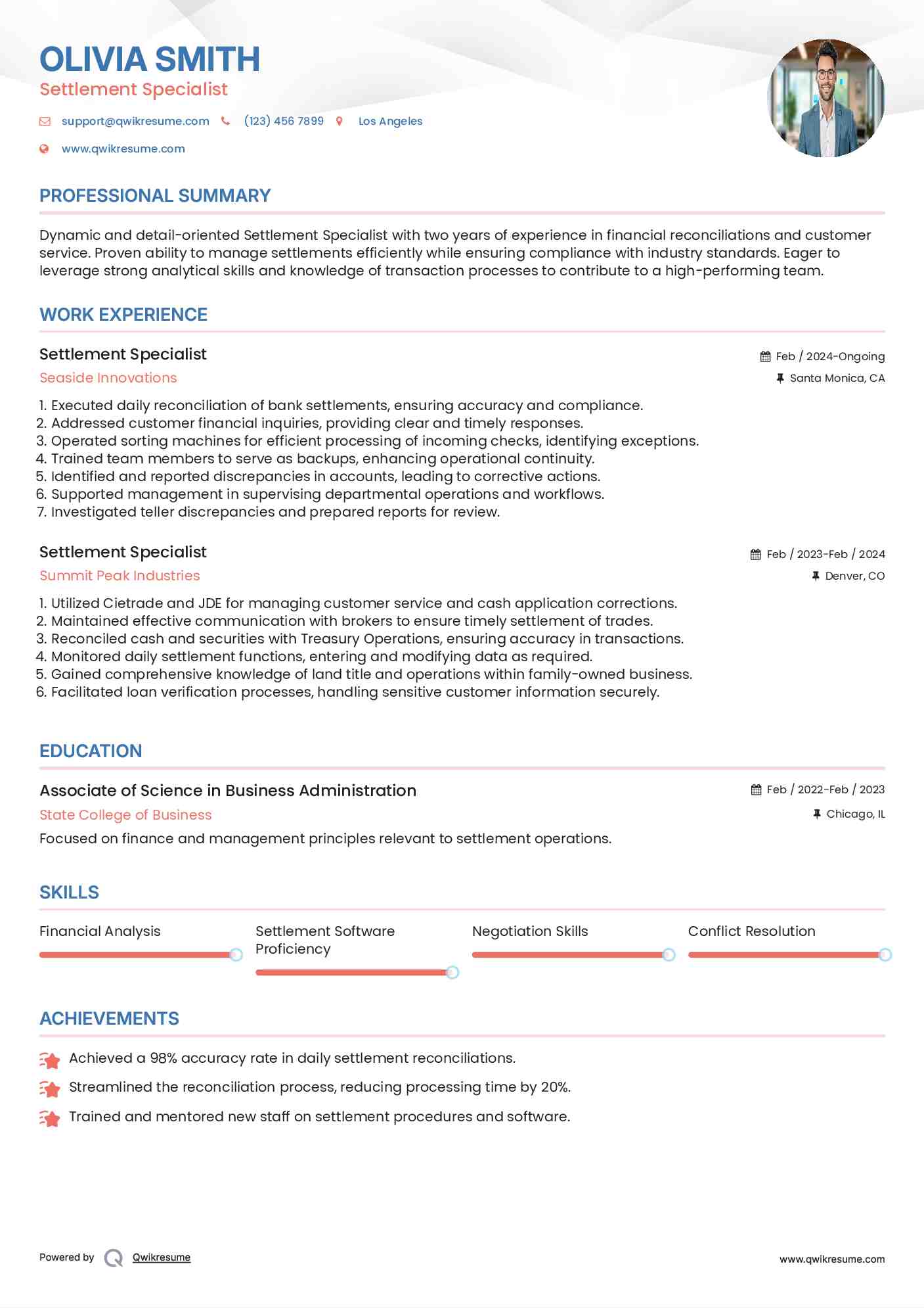 Settlement Specialist Resume Format