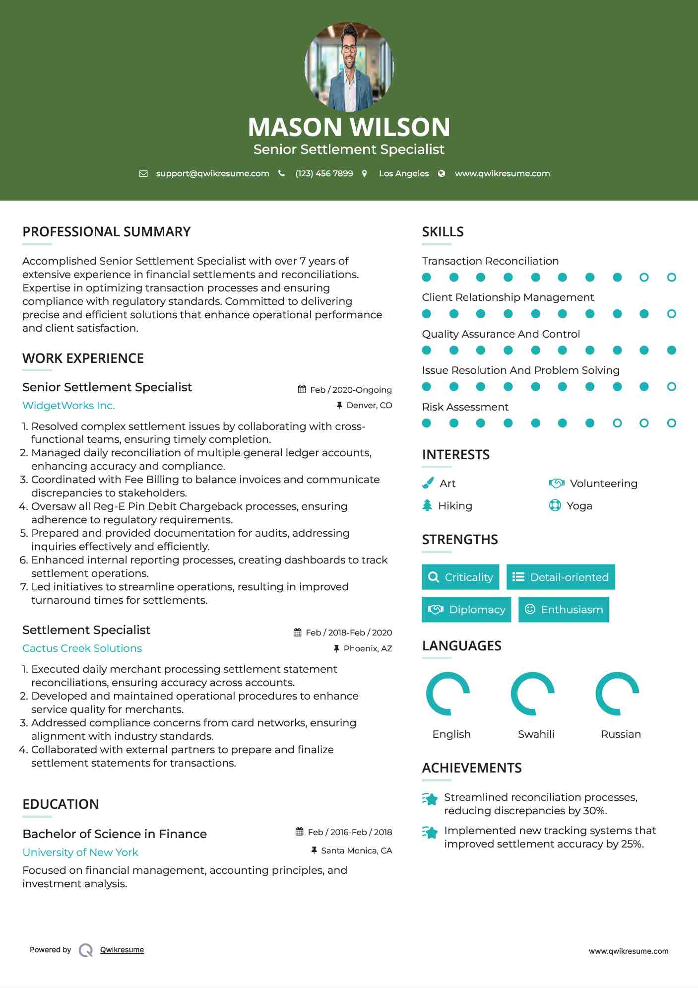 Senior Settlement Specialist Resume Sample