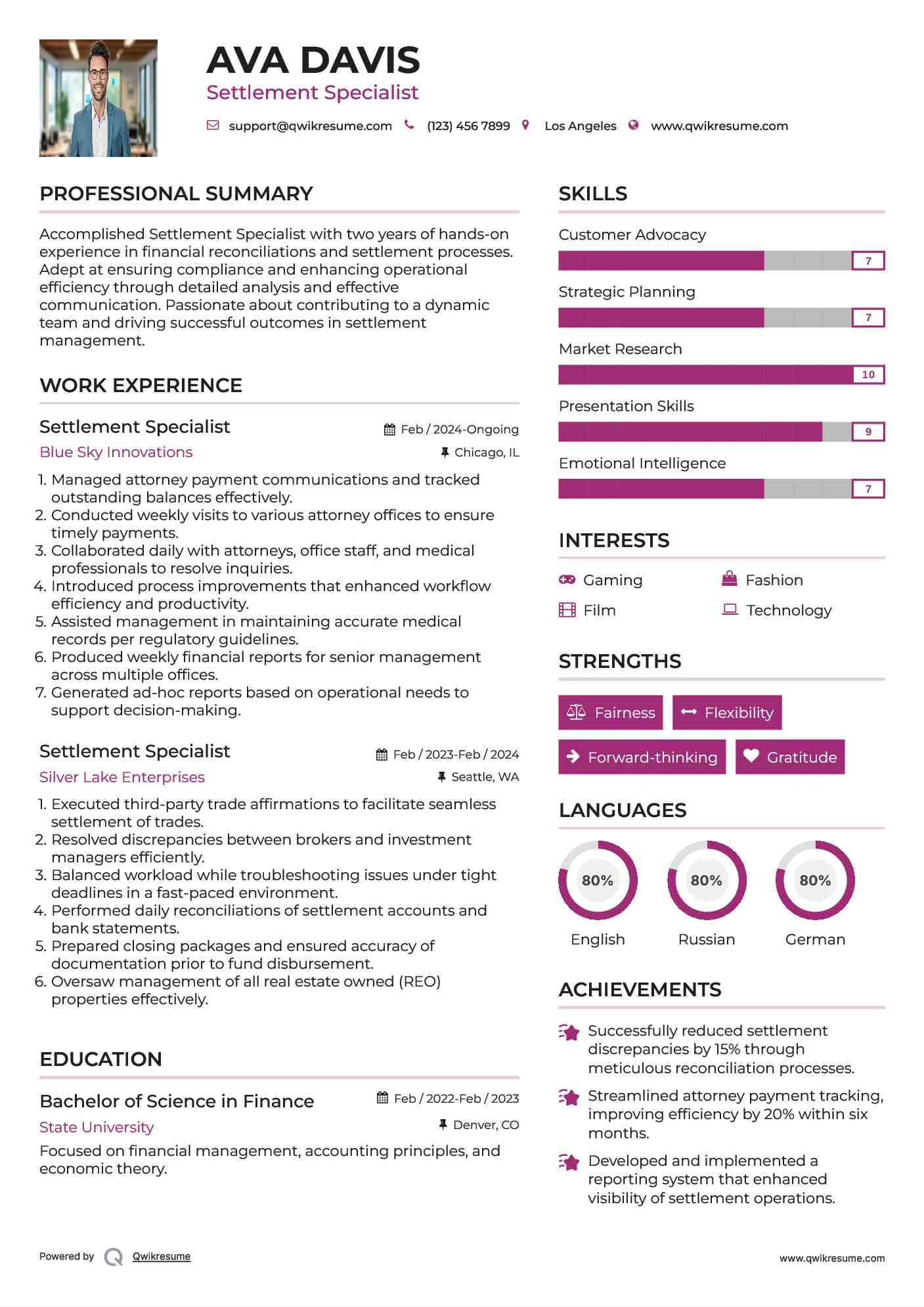 Settlement Specialist Resume Template