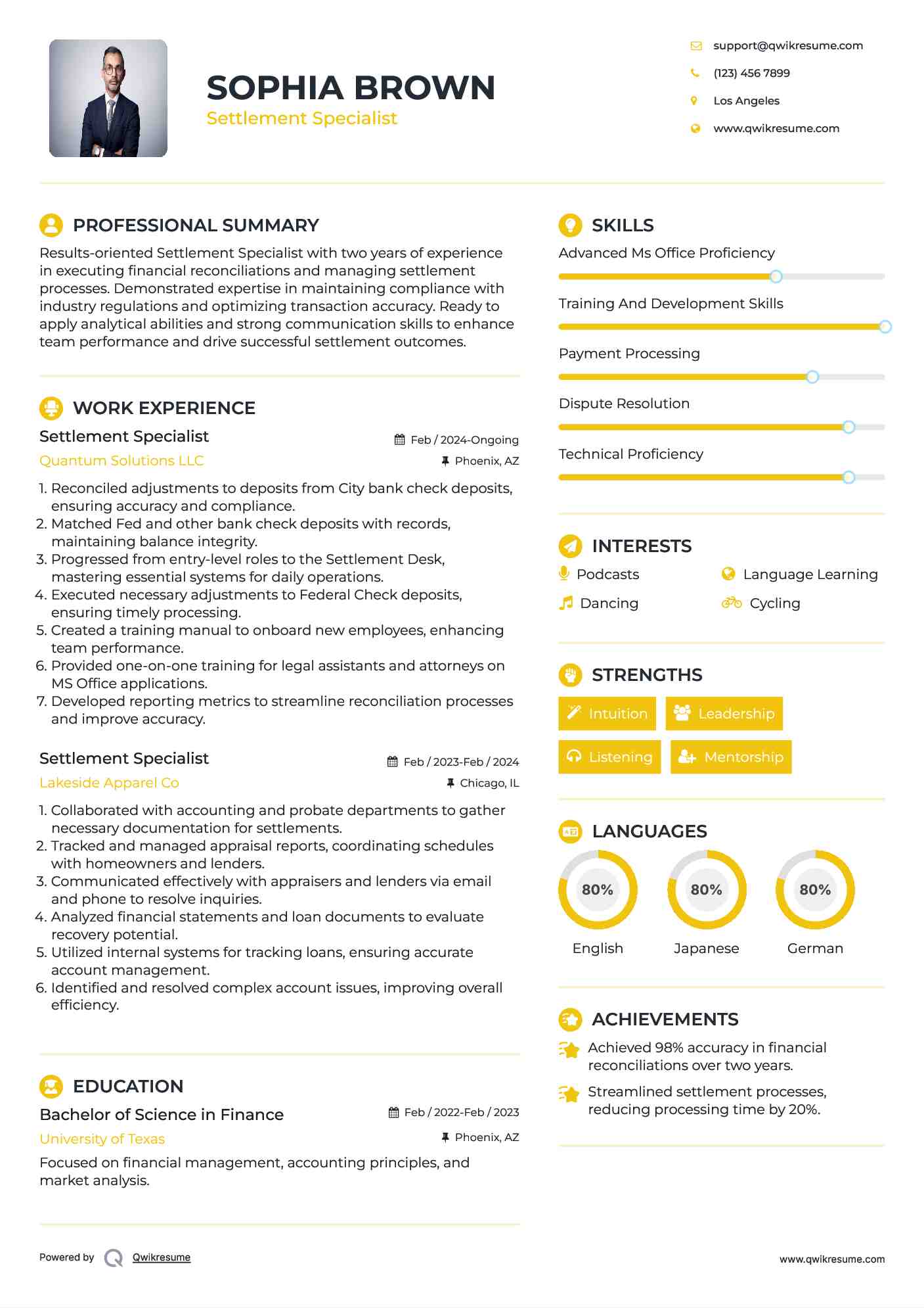 Settlement Specialist Resume Example