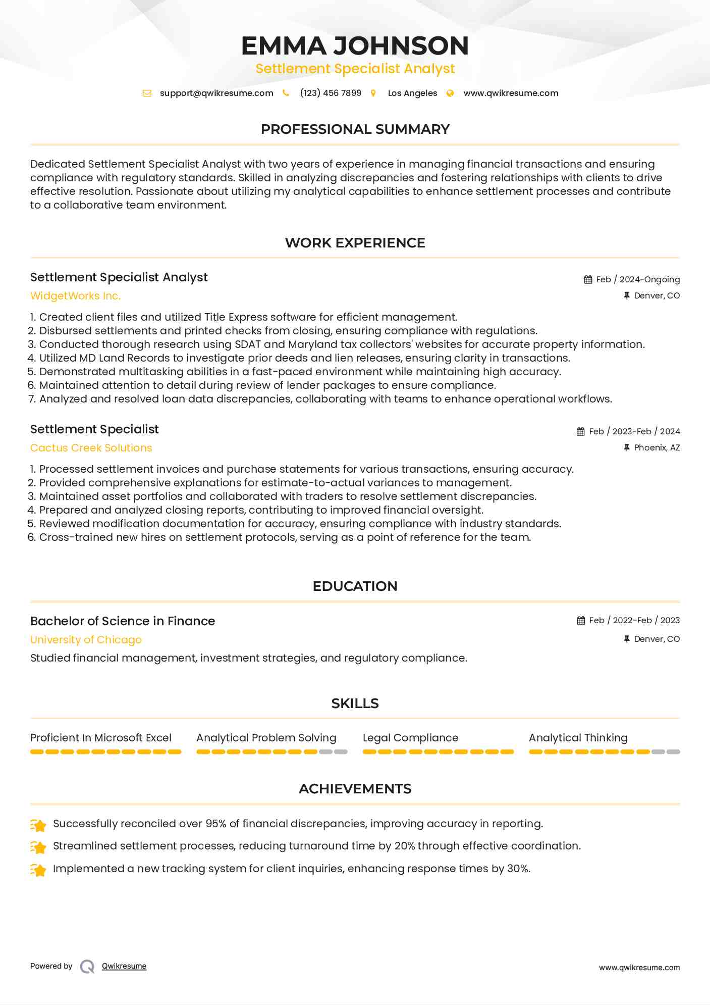 Settlement Specialist Analyst Resume Sample