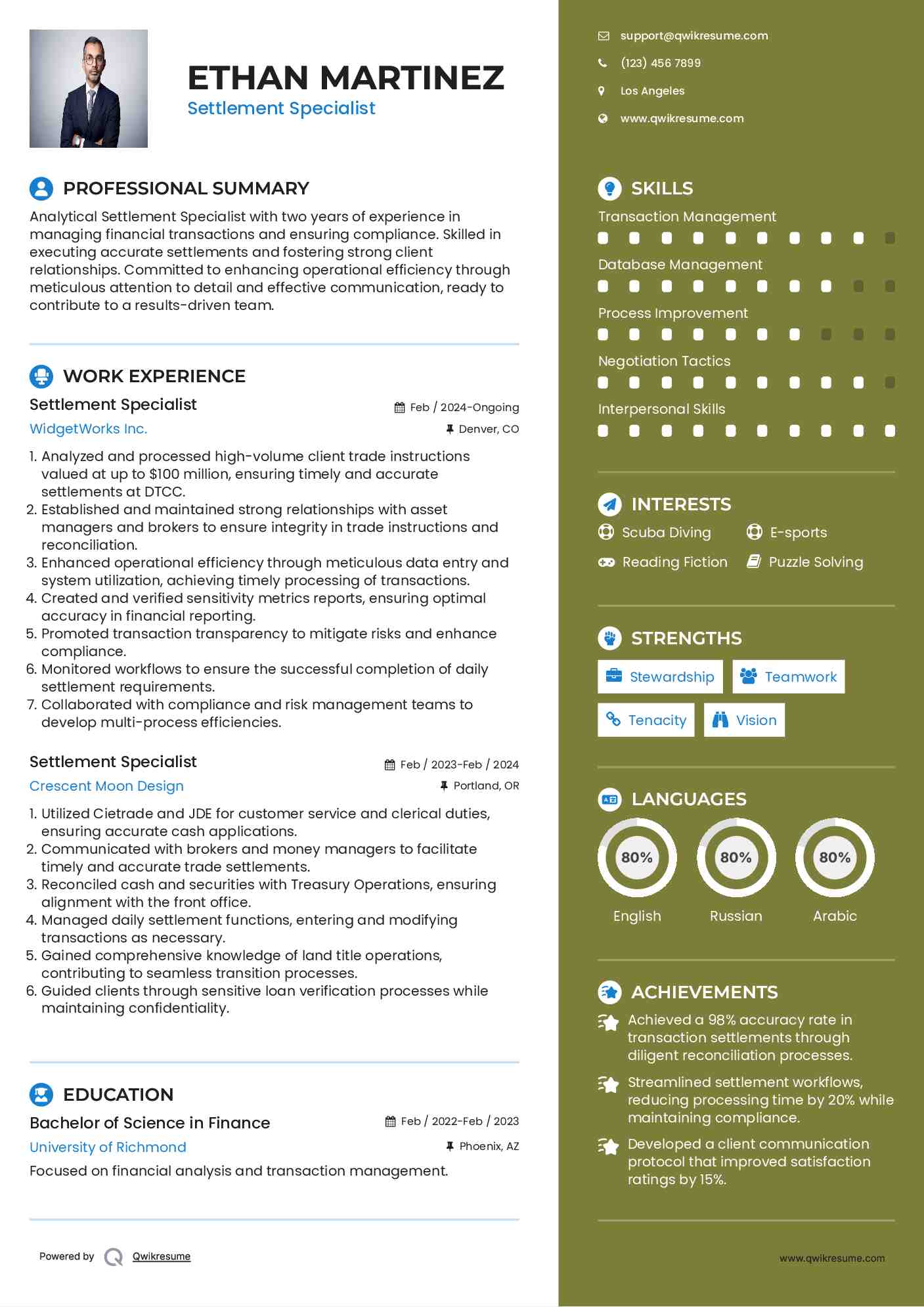 Settlement Specialist Resume Example