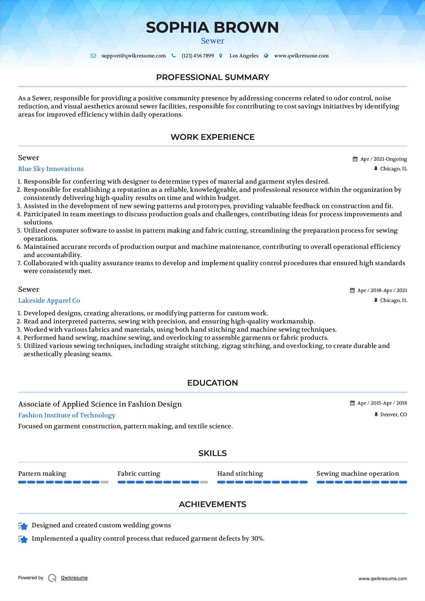Sewer Resume Example