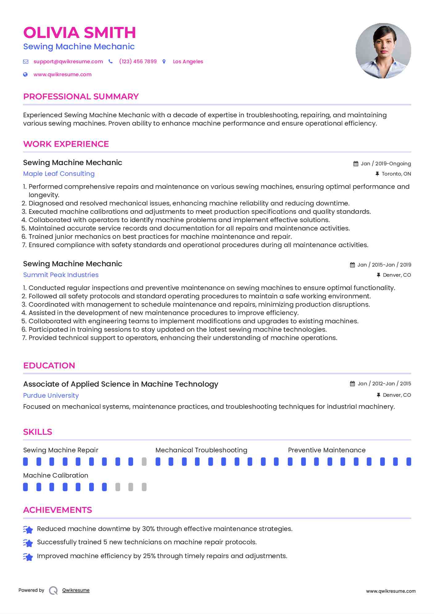 Sewing Machine Mechanic Resume Template