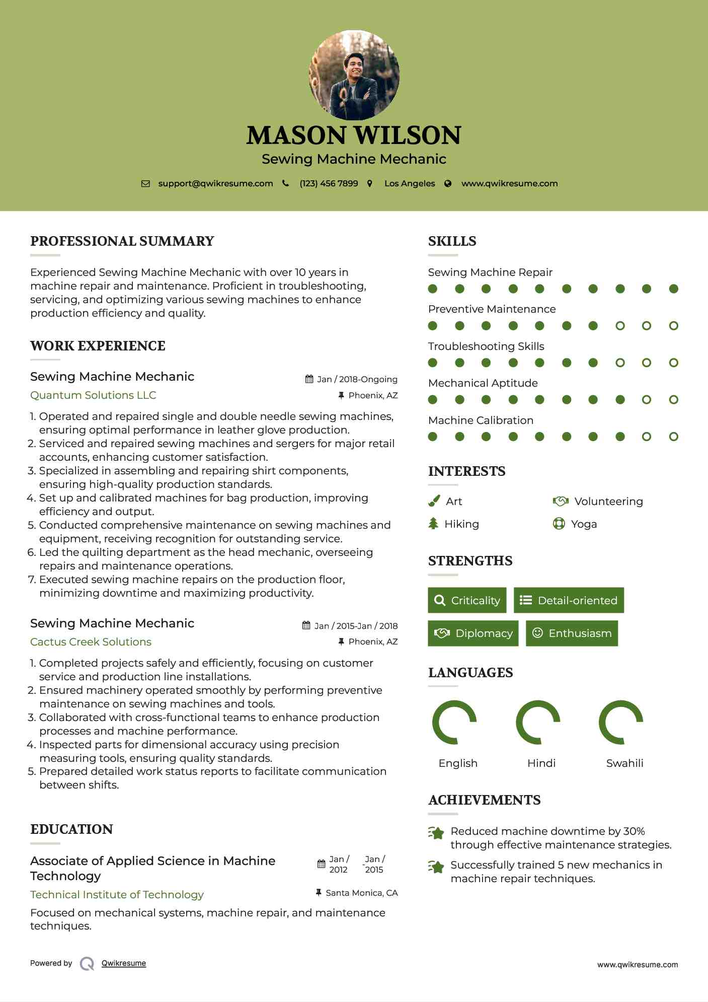 Sewing Machine Mechanic Resume Sample