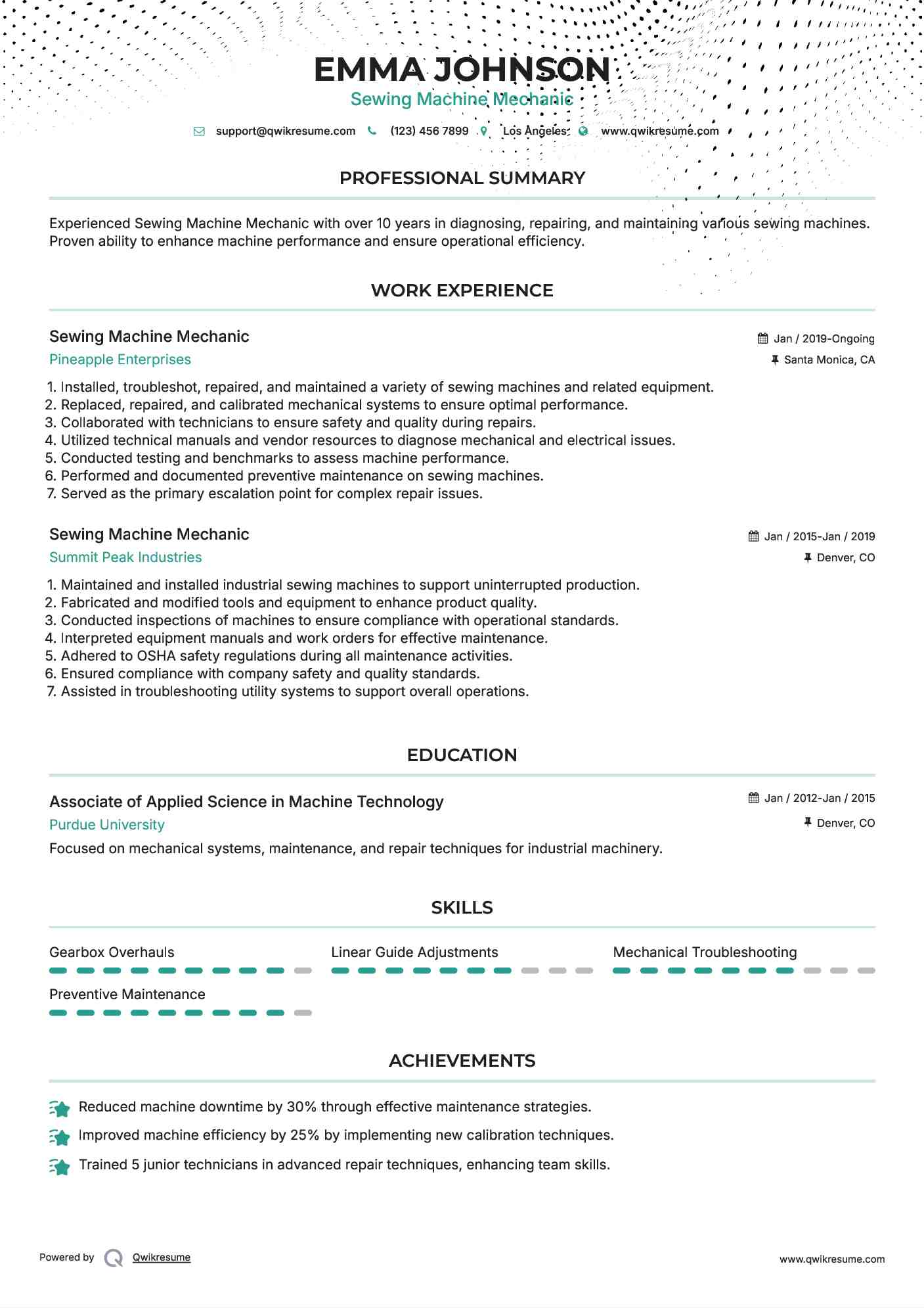 Sewing Machine Mechanic Resume Model