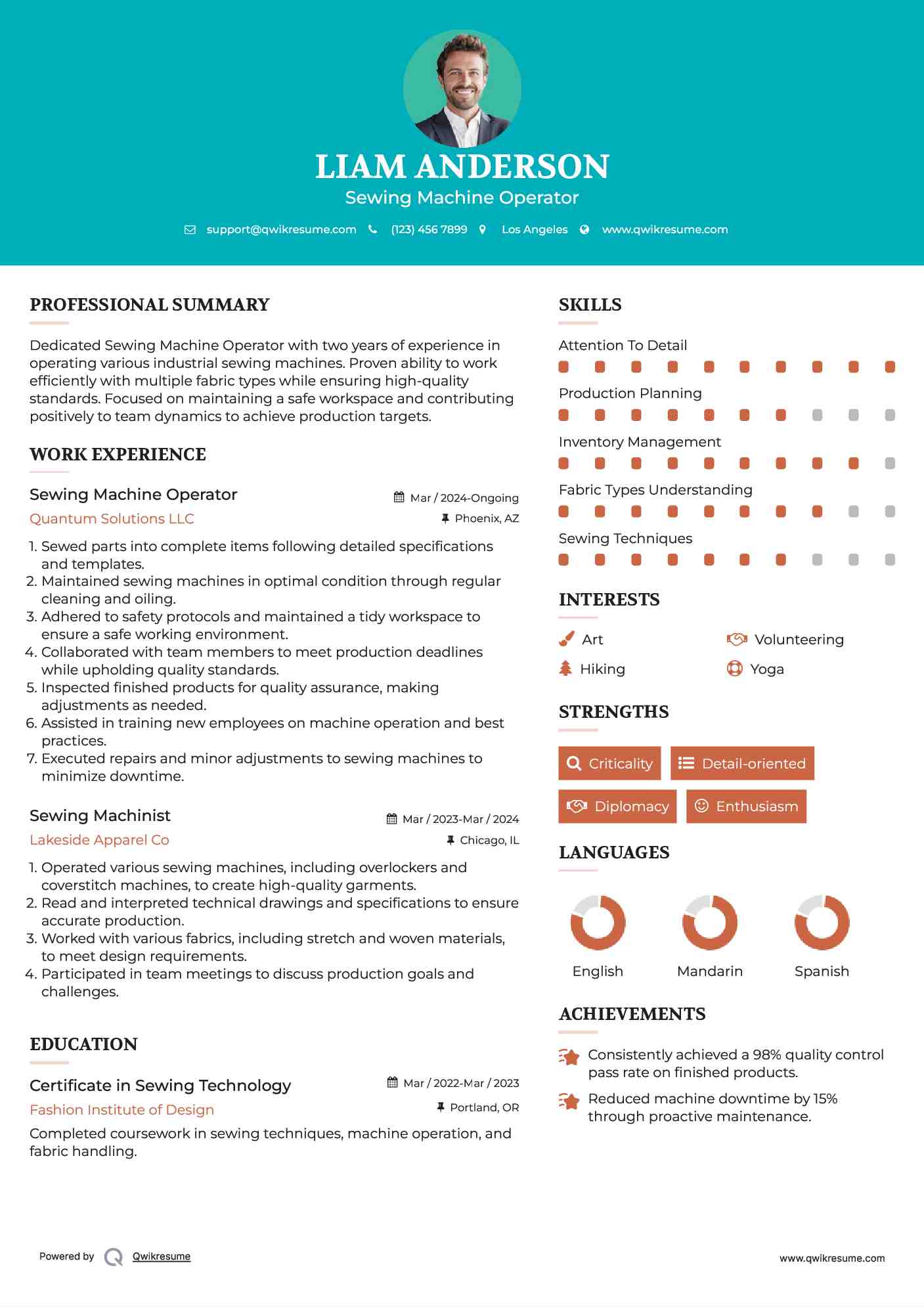 Sewing Machine Operator Resume Template