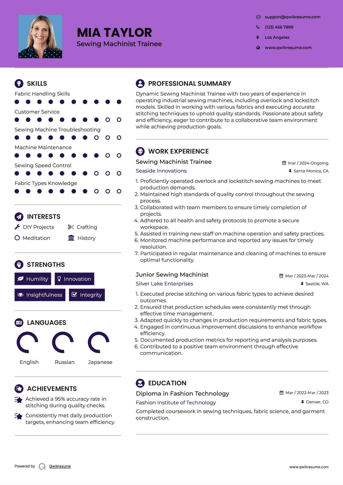 Sewing Machinist Trainee Resume Model