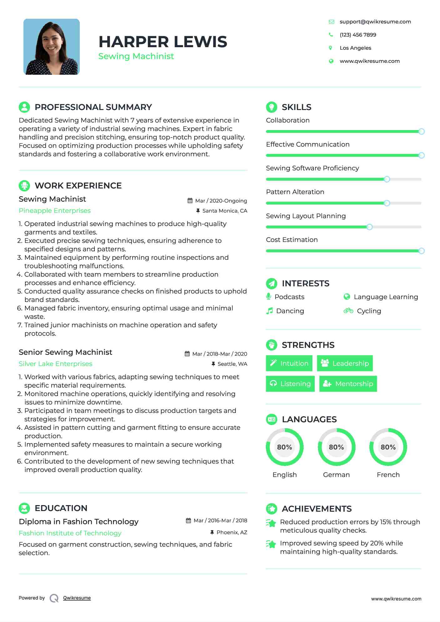 Sewing Machinist Resume Example
