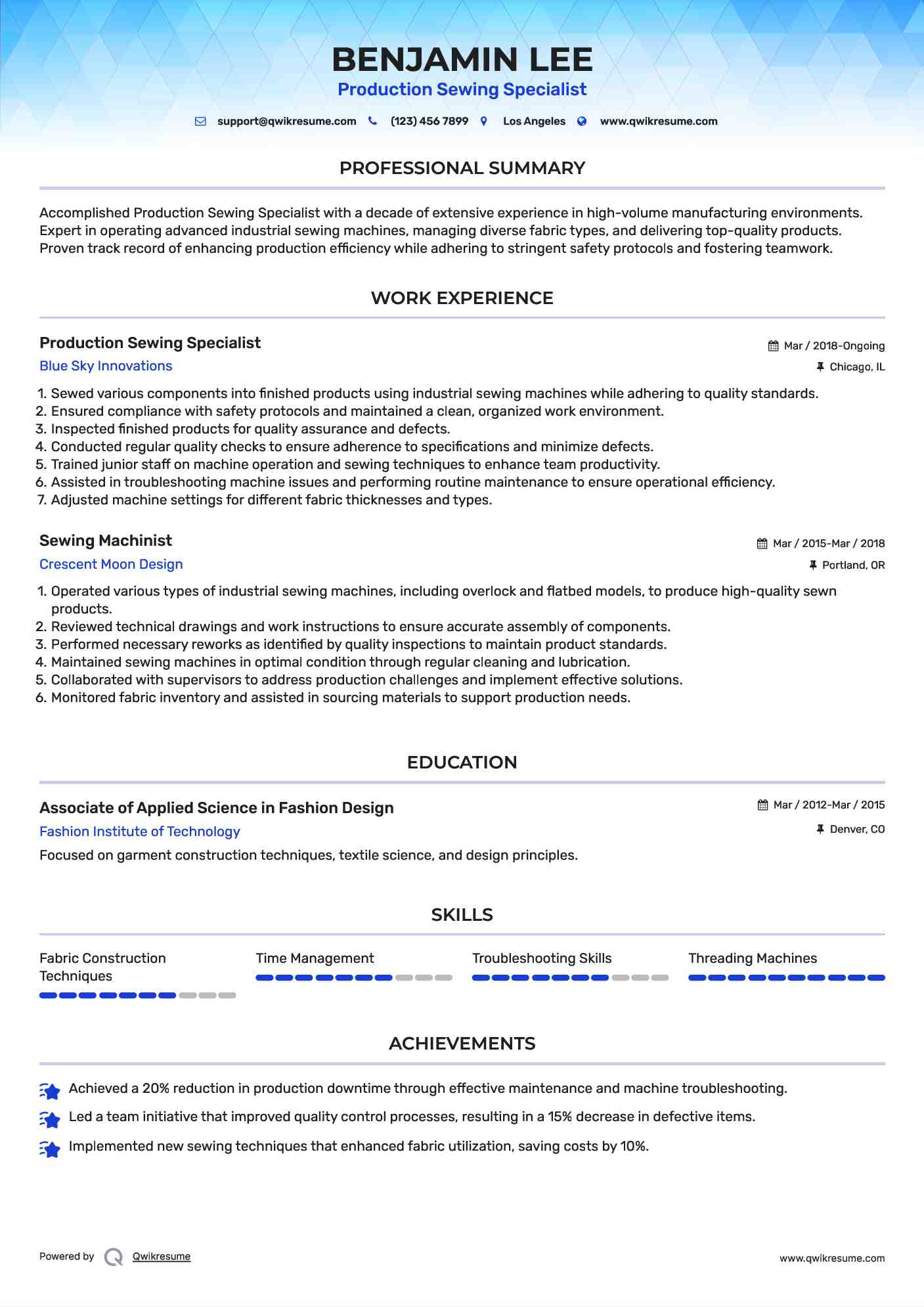 Production Sewing Specialist Resume Sample