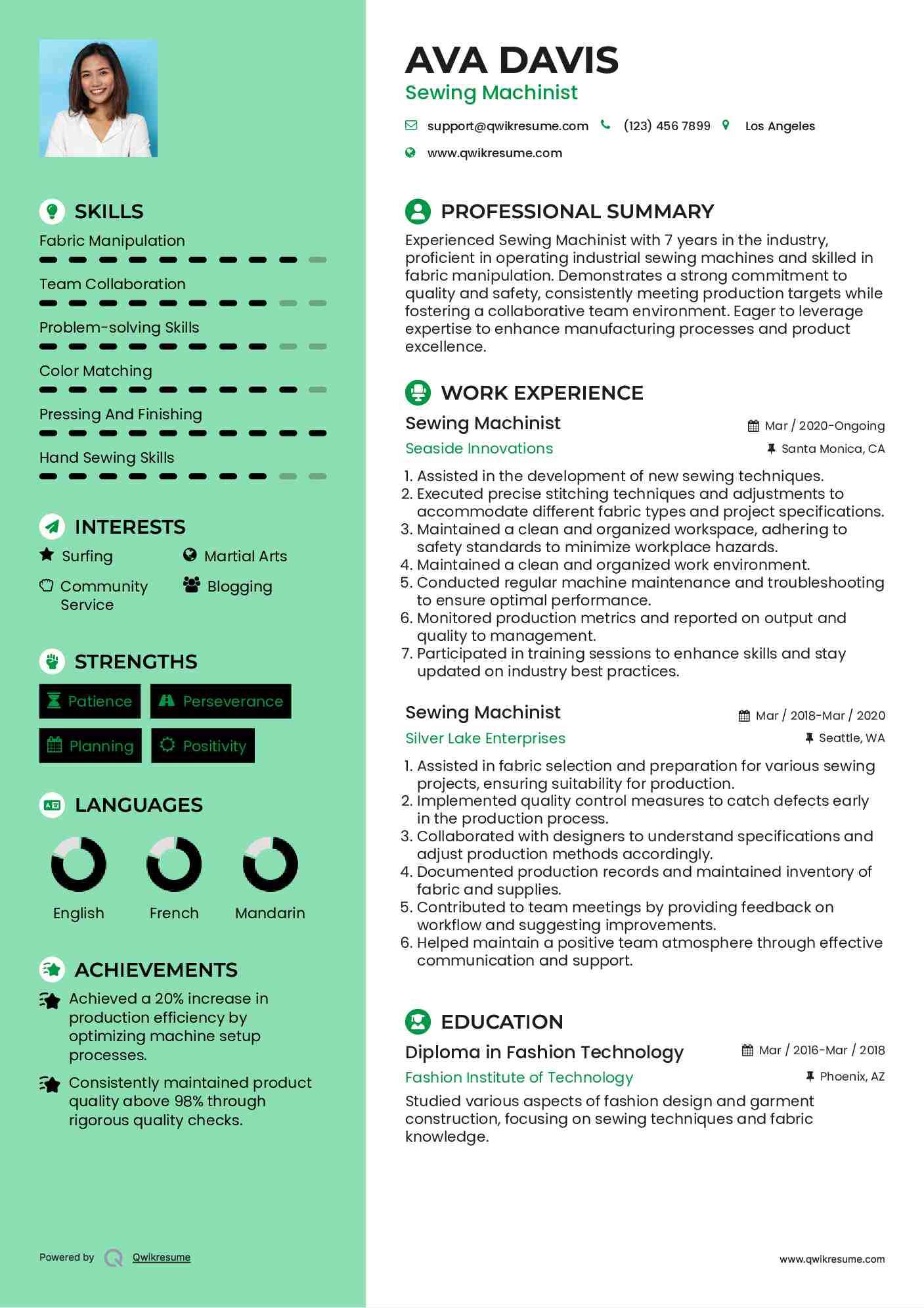 Sewing Machinist Resume Format