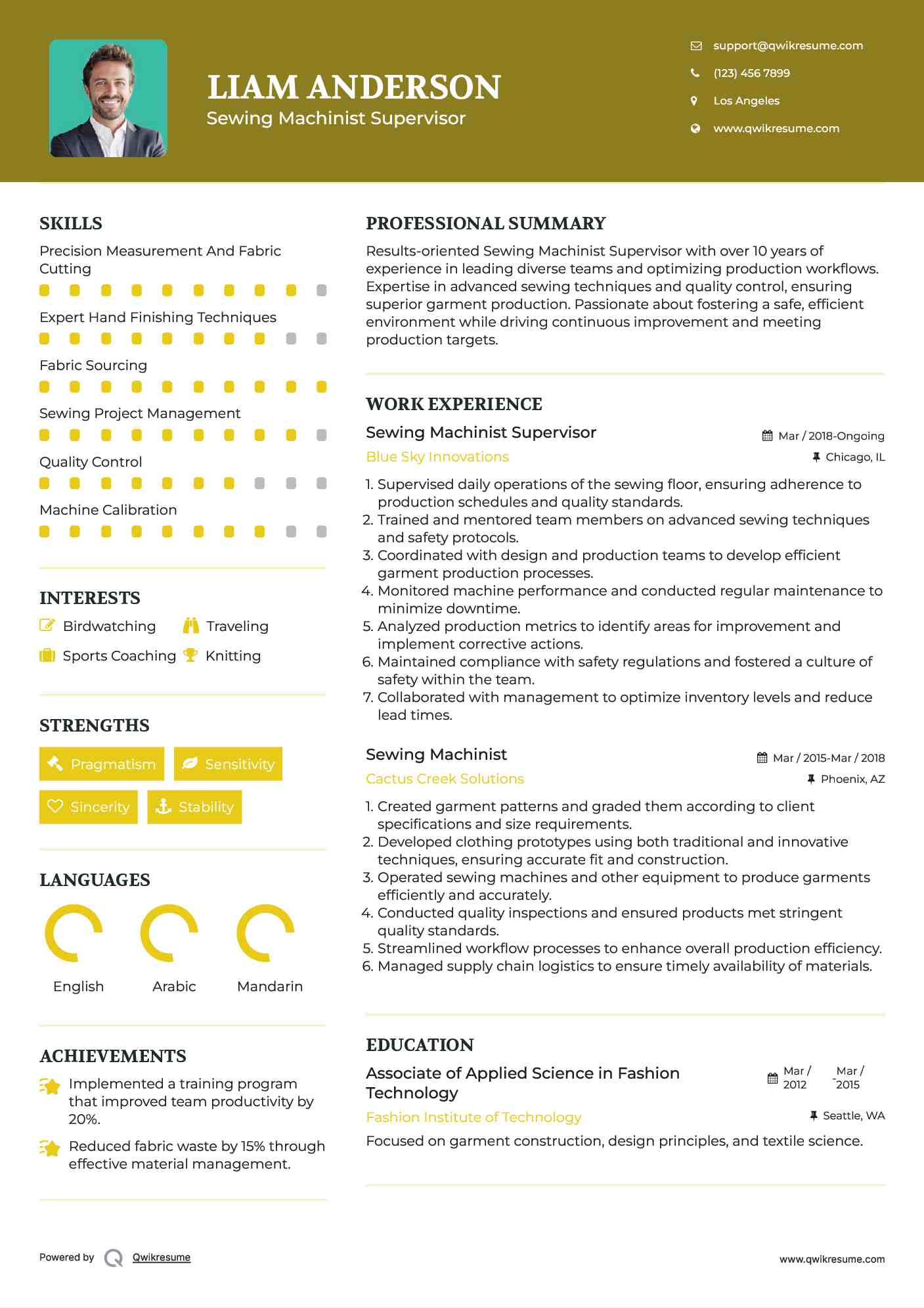 Sewing Machinist Supervisor Resume Sample