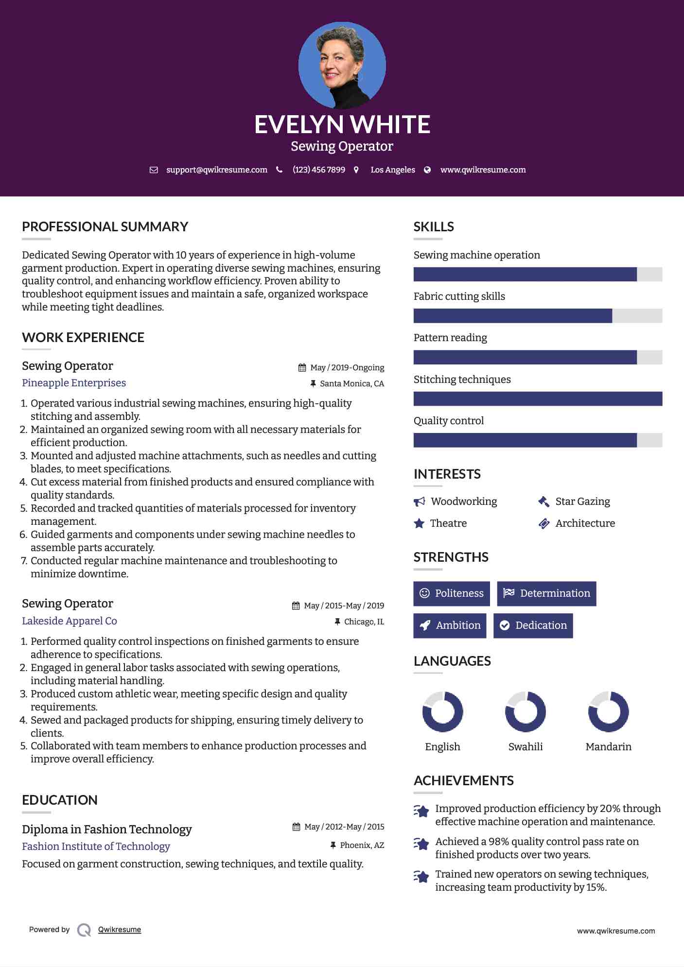 Sewing Operator Resume Sample