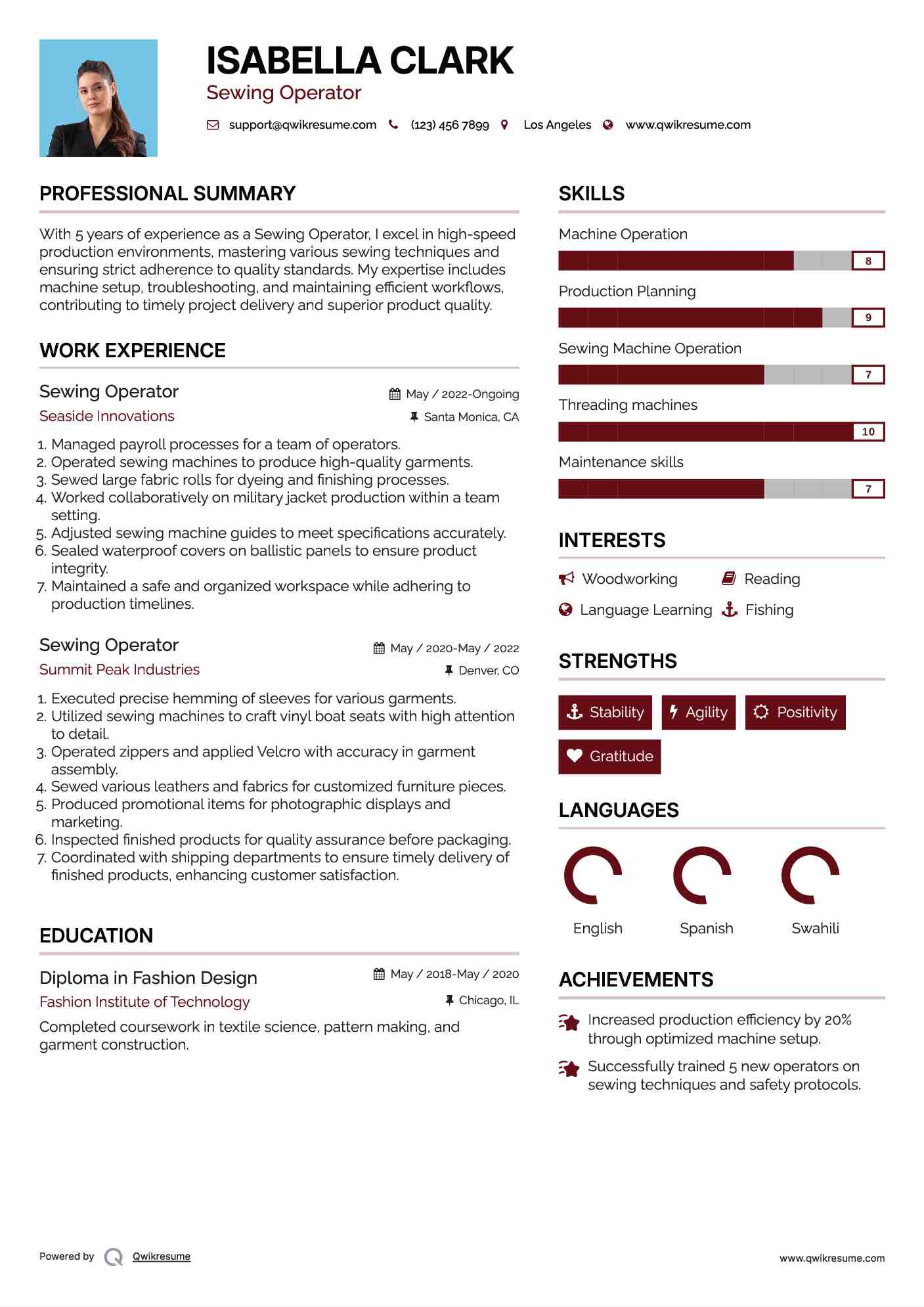 Sewing Operator Resume Format