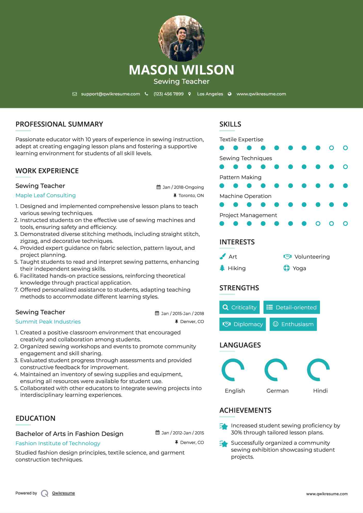 Sewing Teacher Resume Template