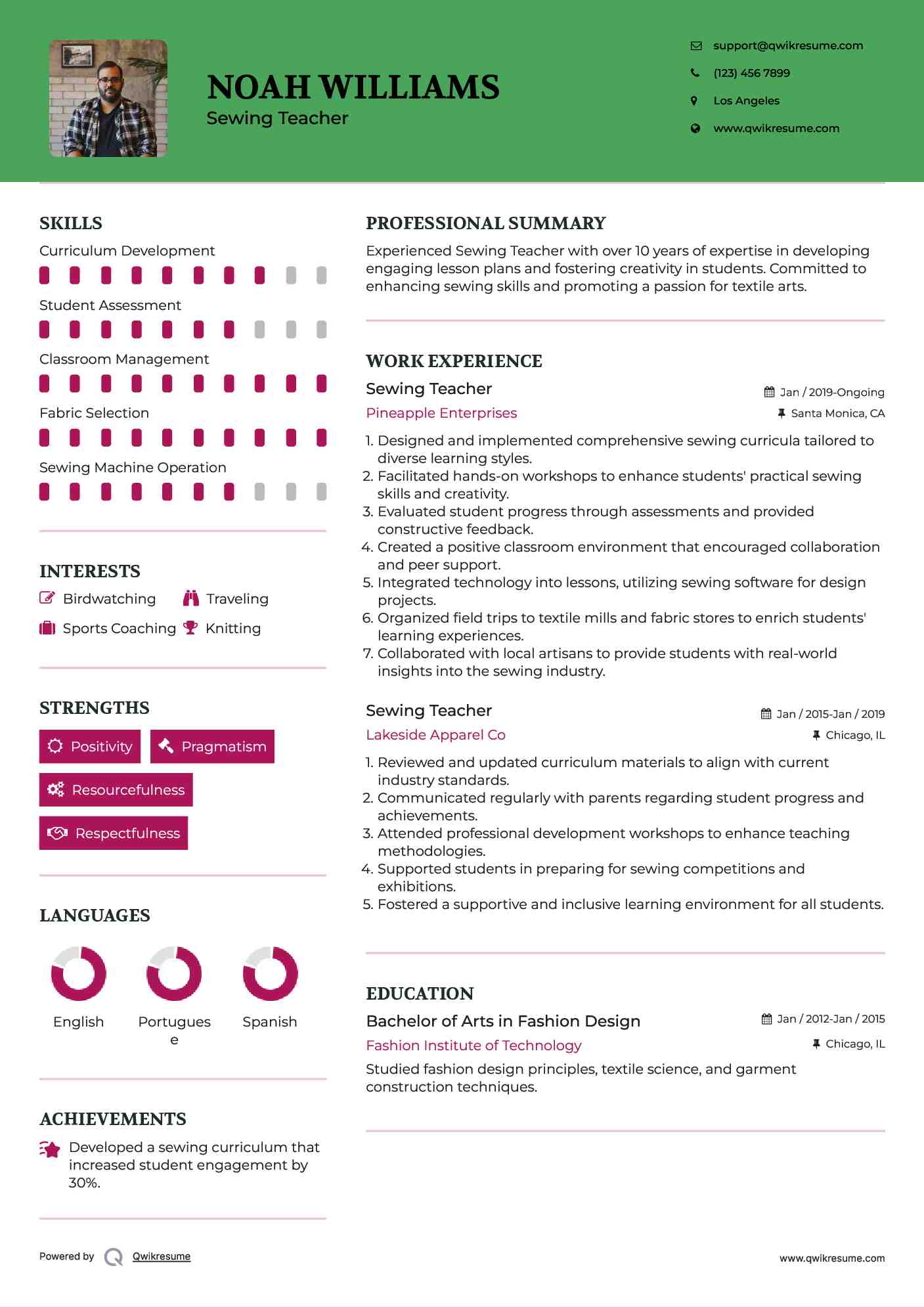 Sewing Teacher Resume Template