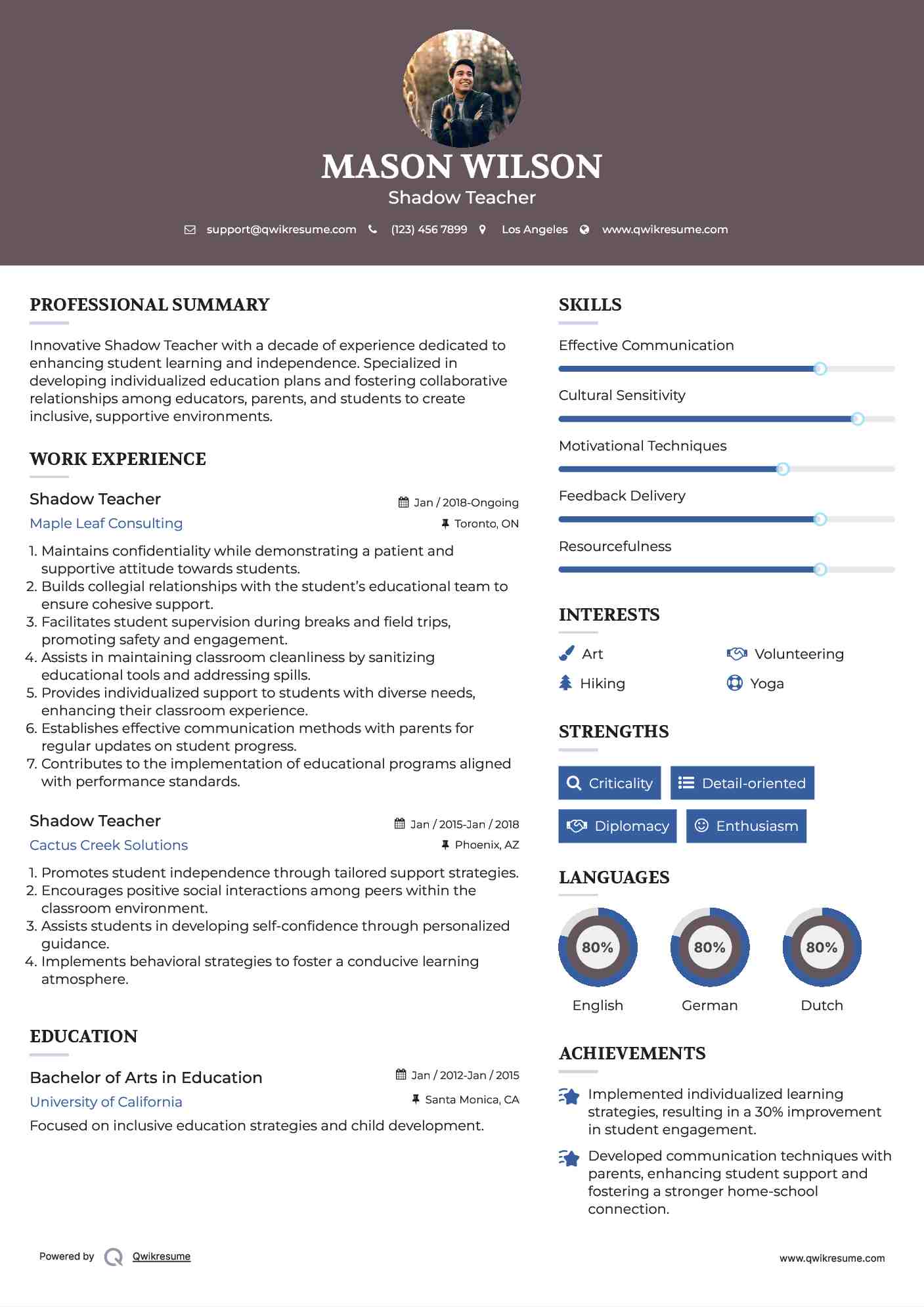 Shadow Teacher Resume Template
