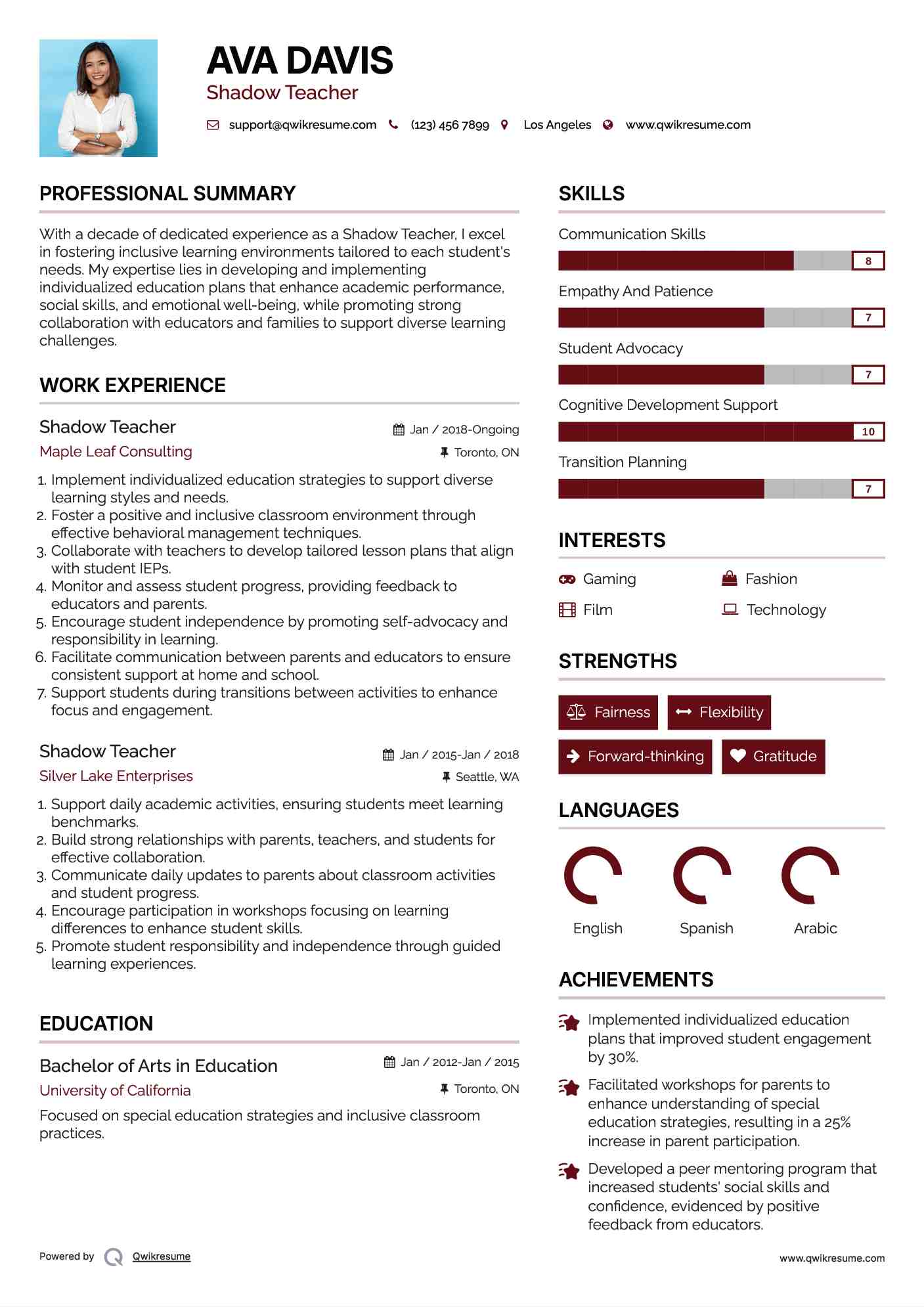 Shadow Teacher Resume Sample