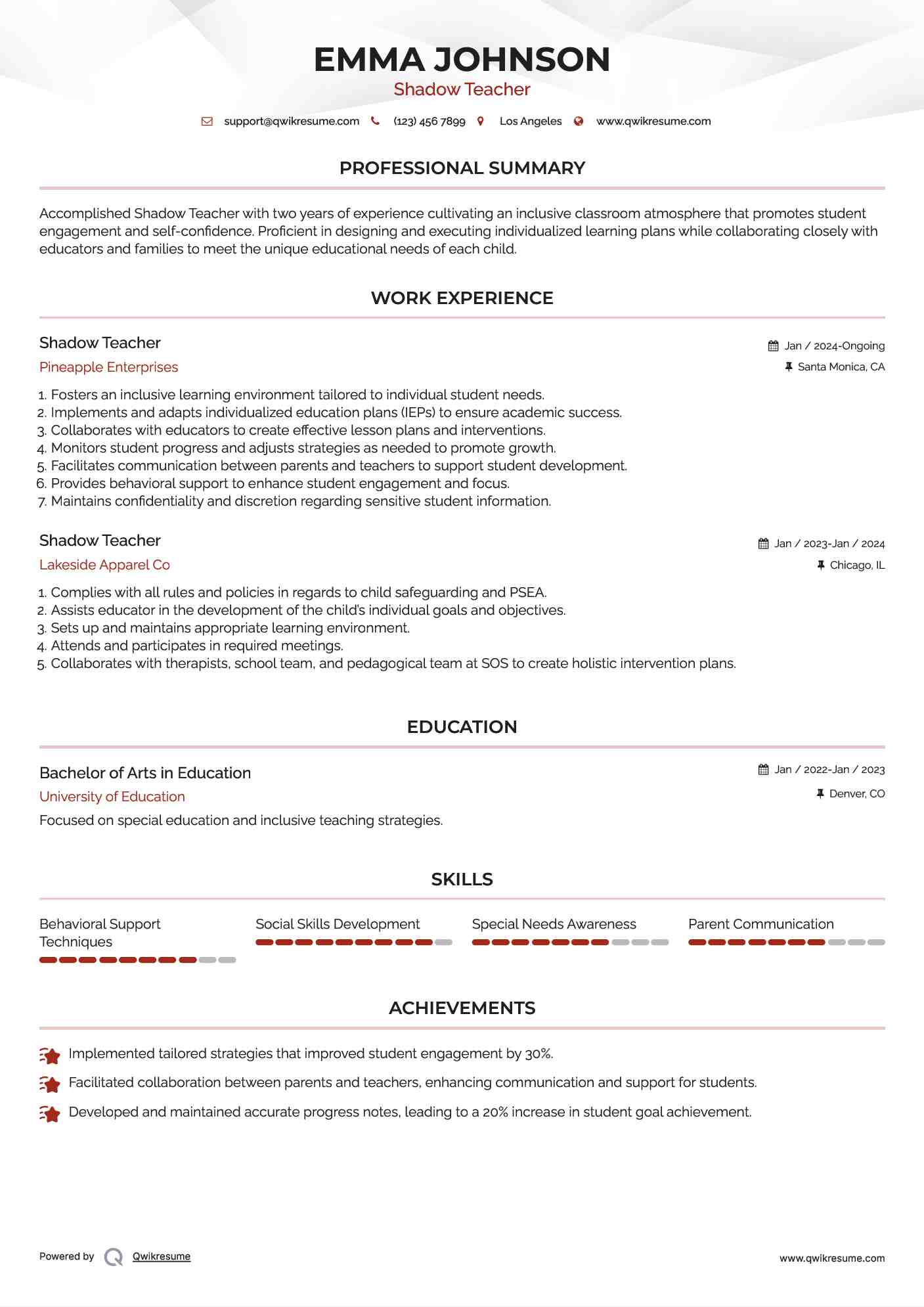 Shadow Teacher Resume Sample