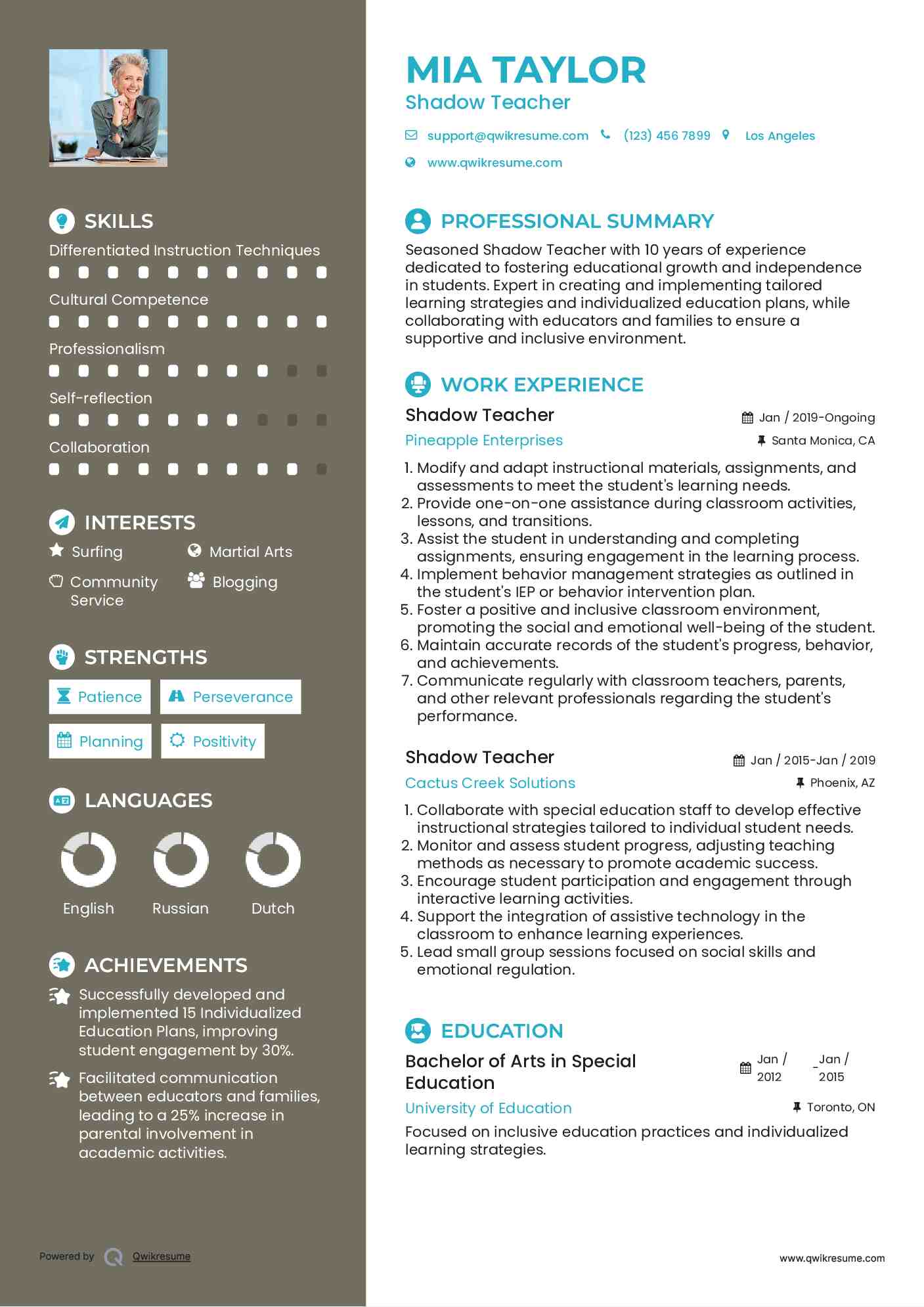 Shadow Teacher Resume Sample