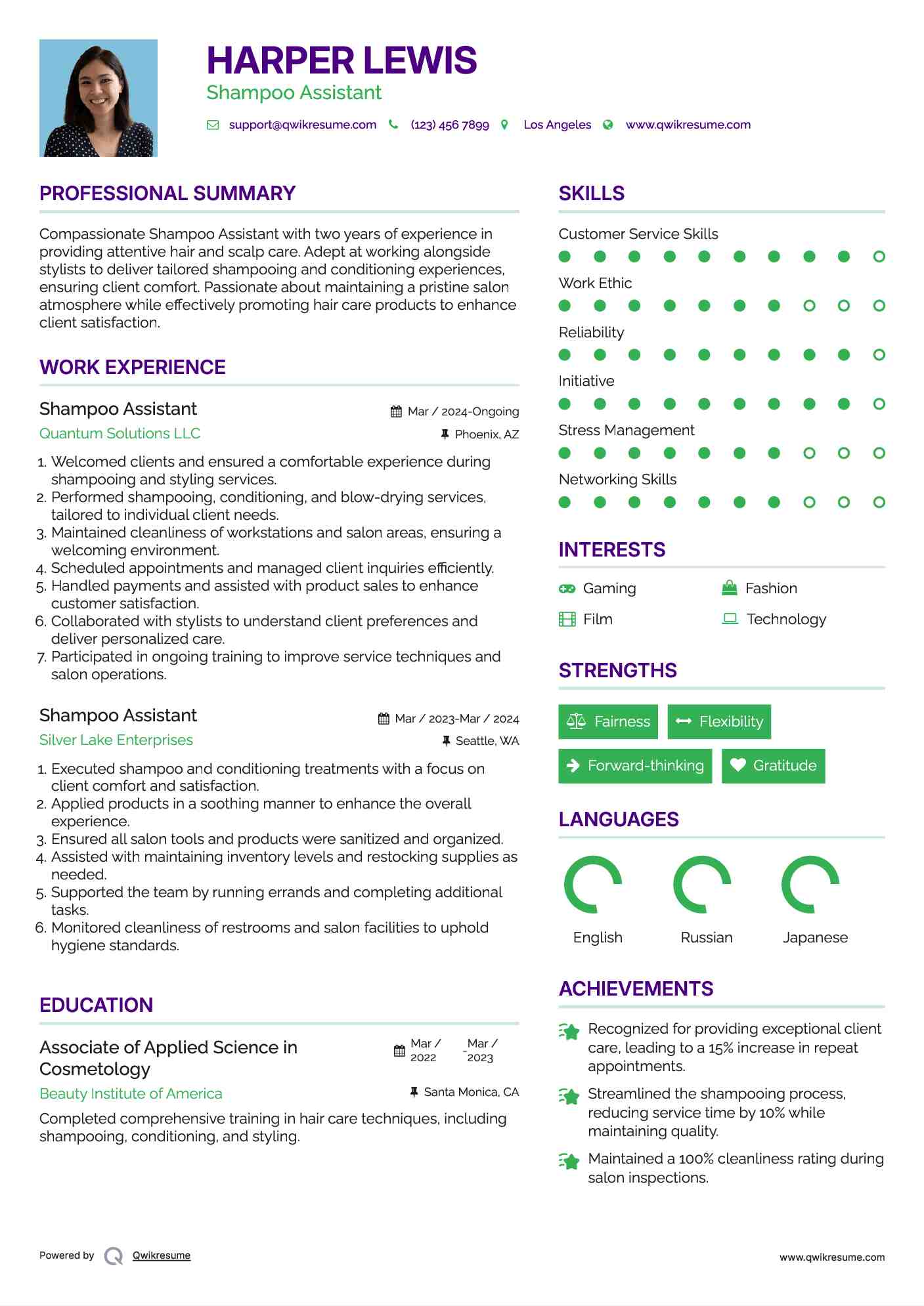 Shampoo Assistant Resume Example