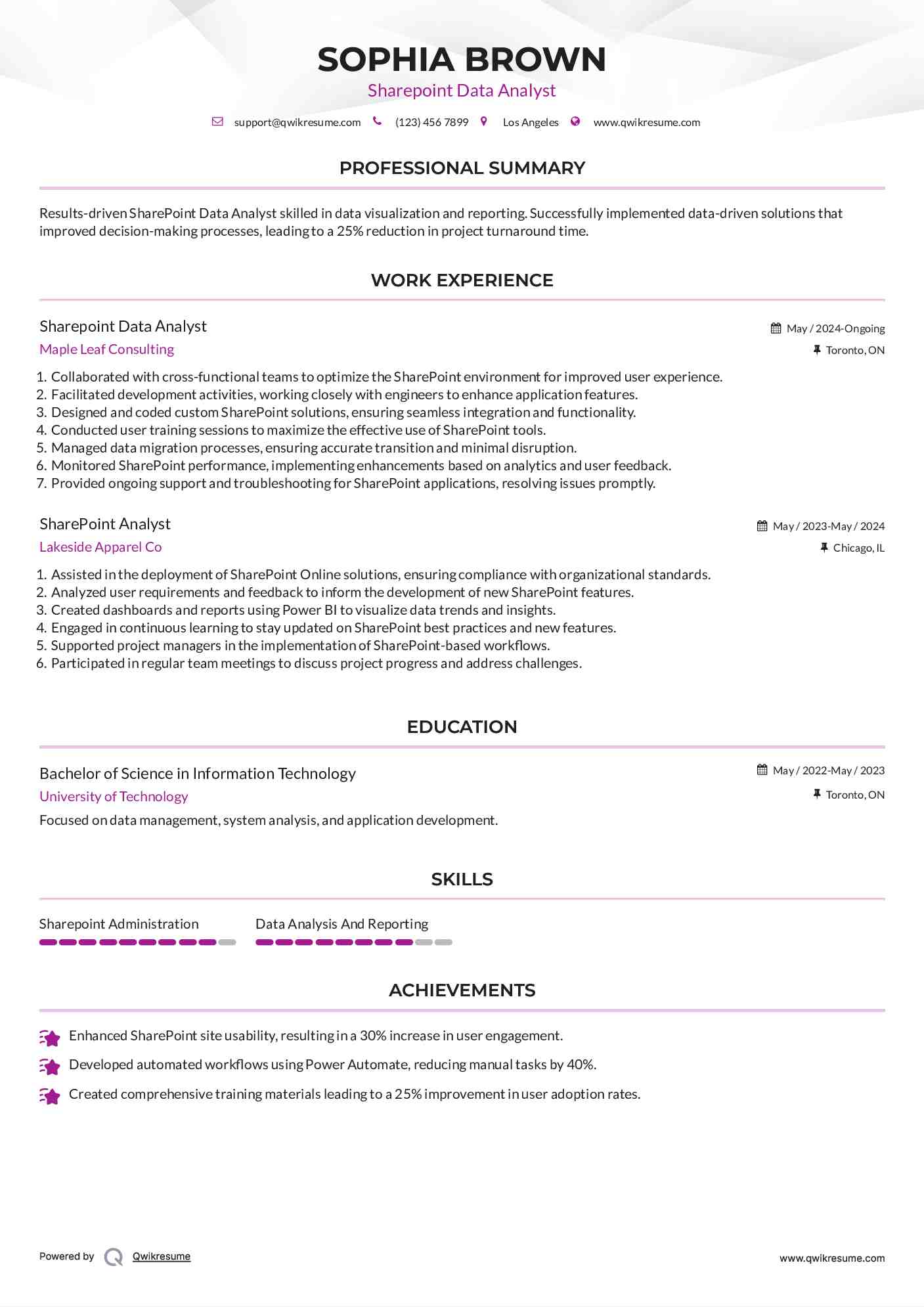 Sharepoint Data Analyst Resume Sample