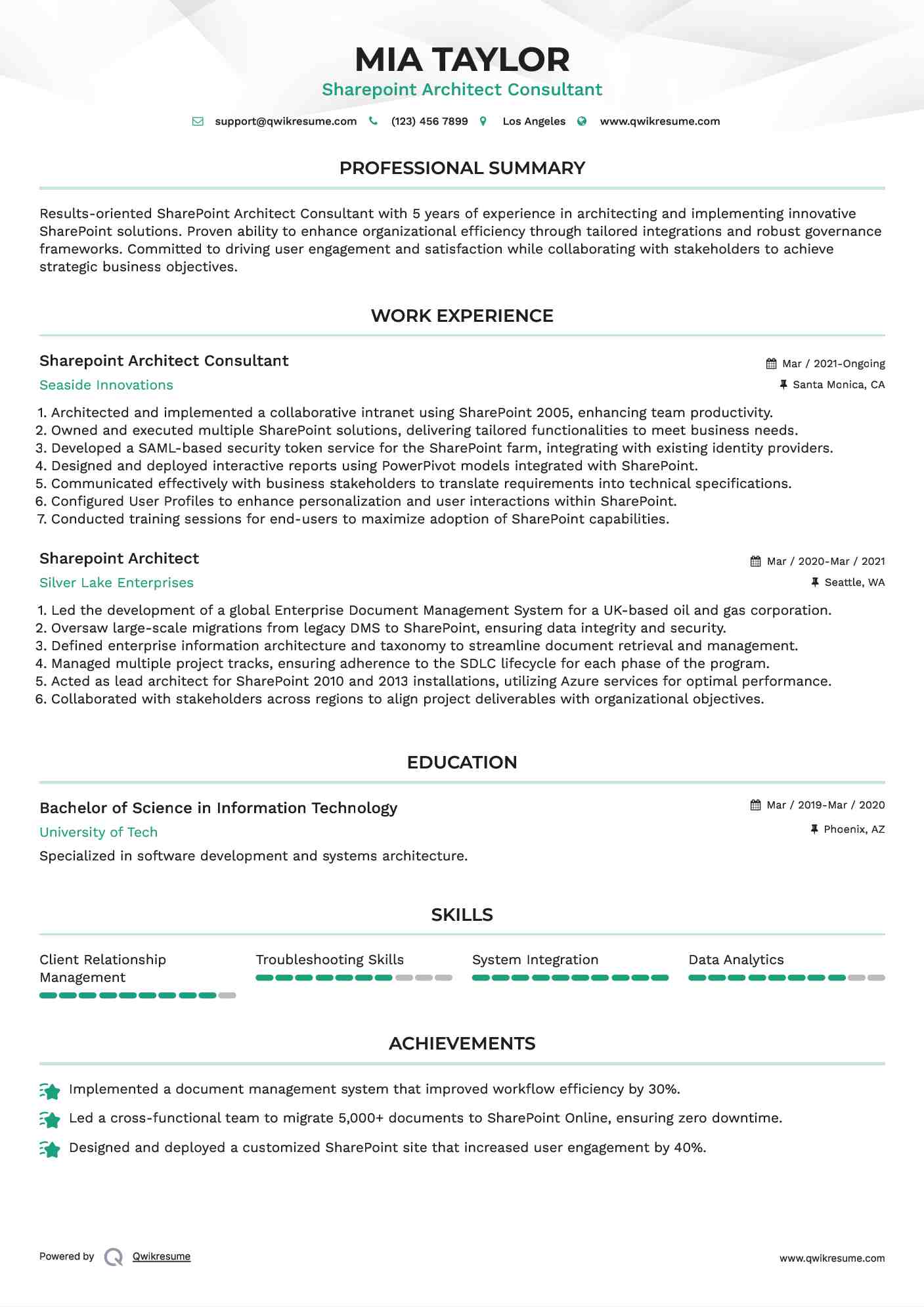Sharepoint Architect Consultant Resume Example