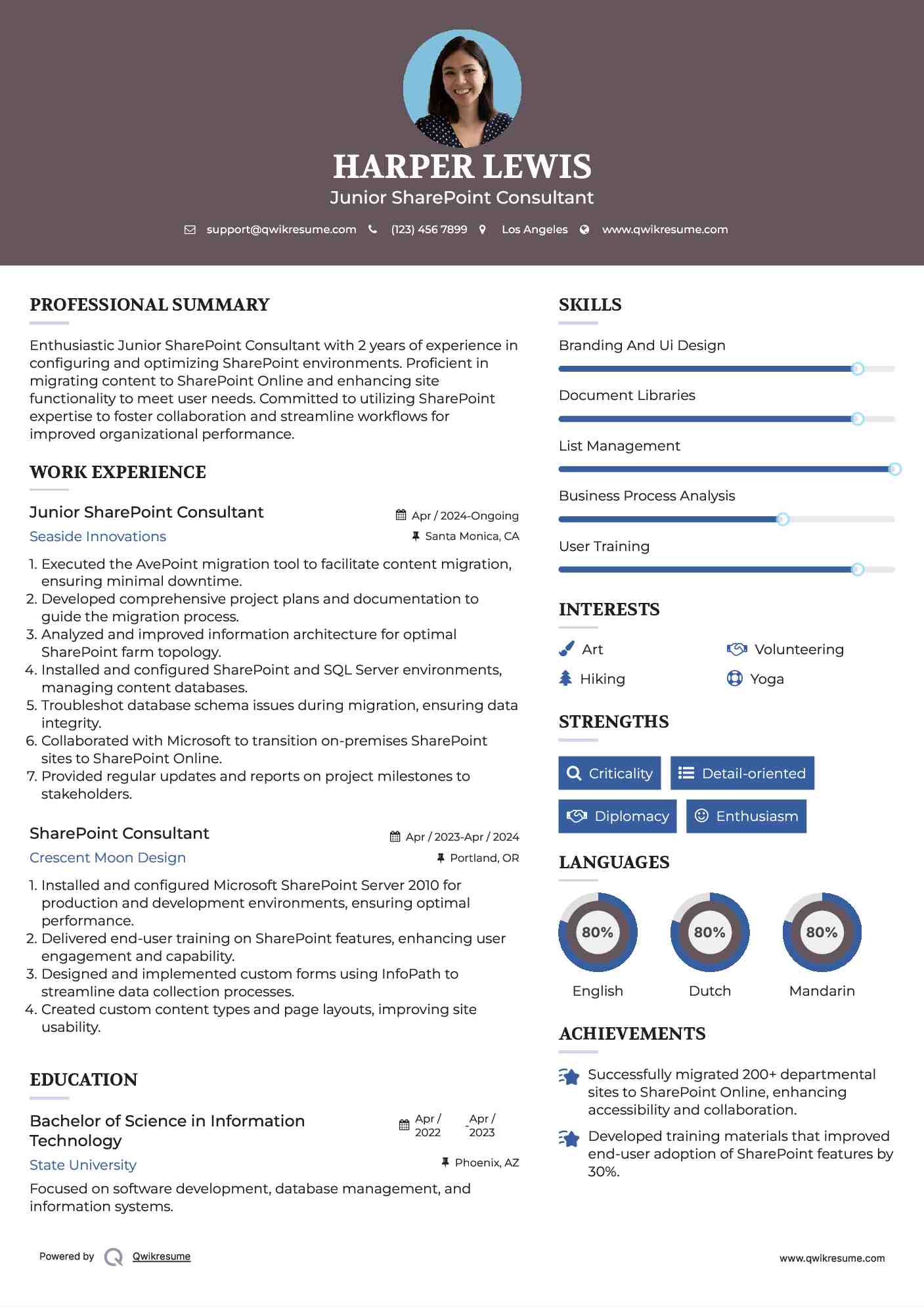 Junior SharePoint Consultant Resume Example