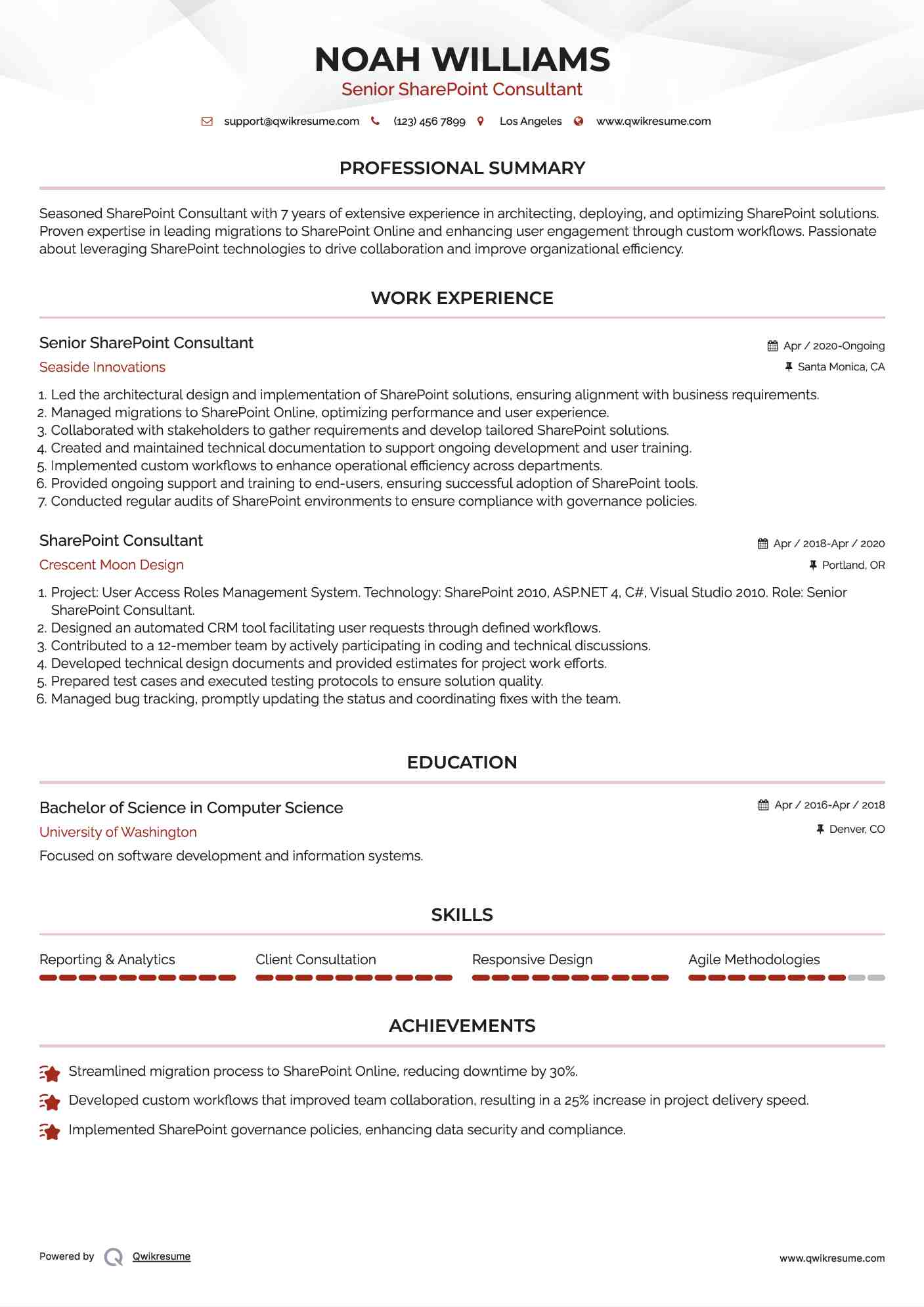 Senior SharePoint Consultant Resume Example