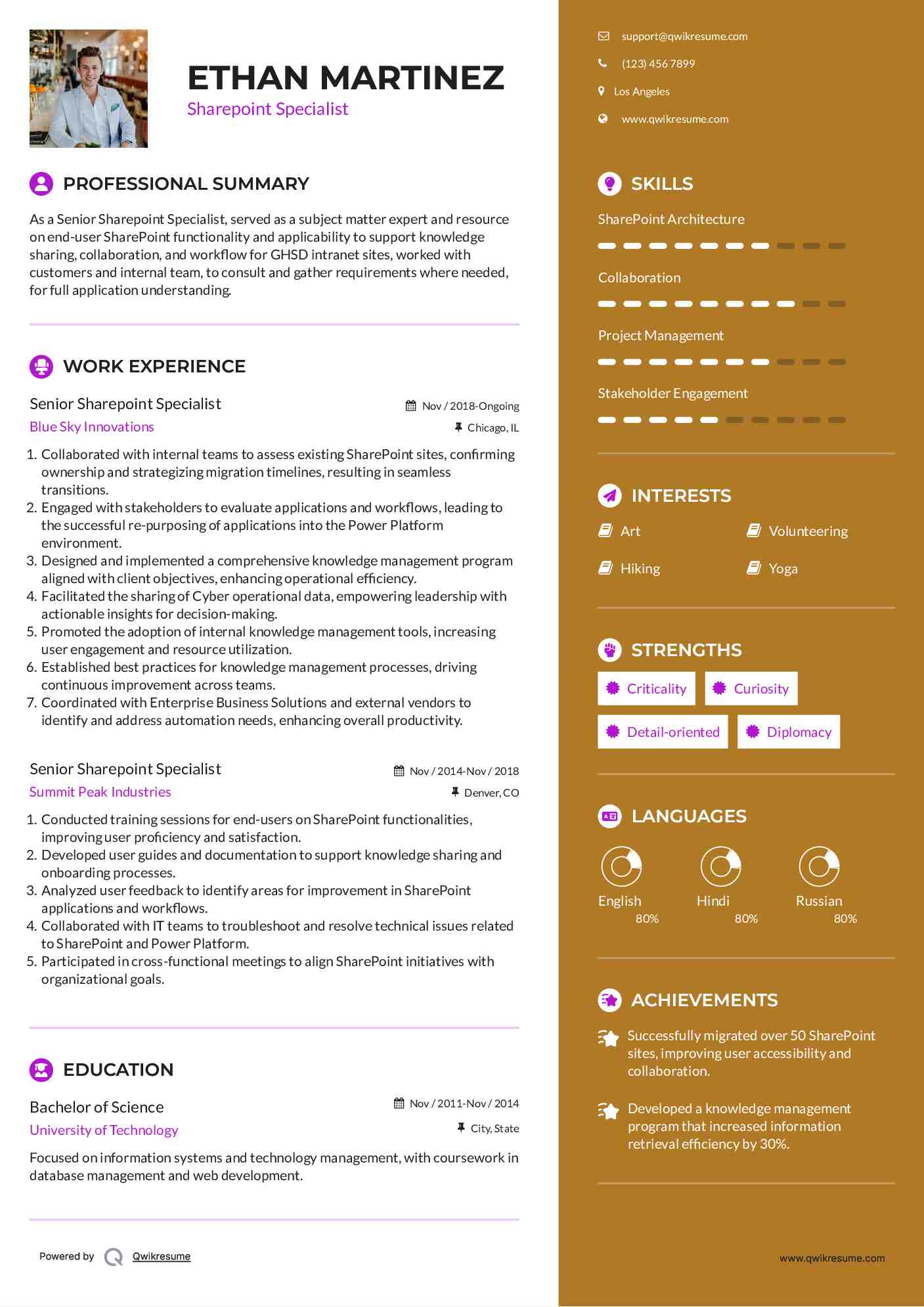 Senior Sharepoint Specialist Resume Example