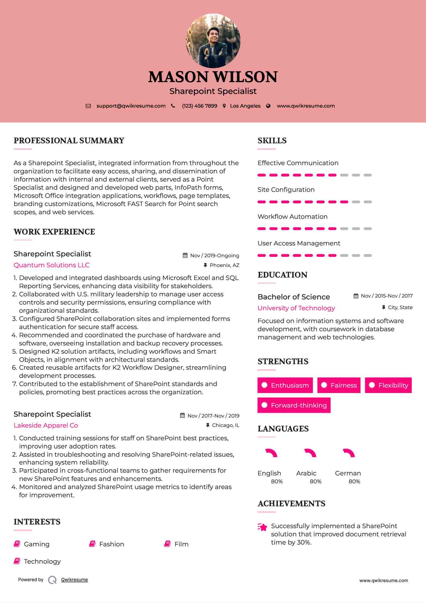 Sharepoint Specialist Resume Model