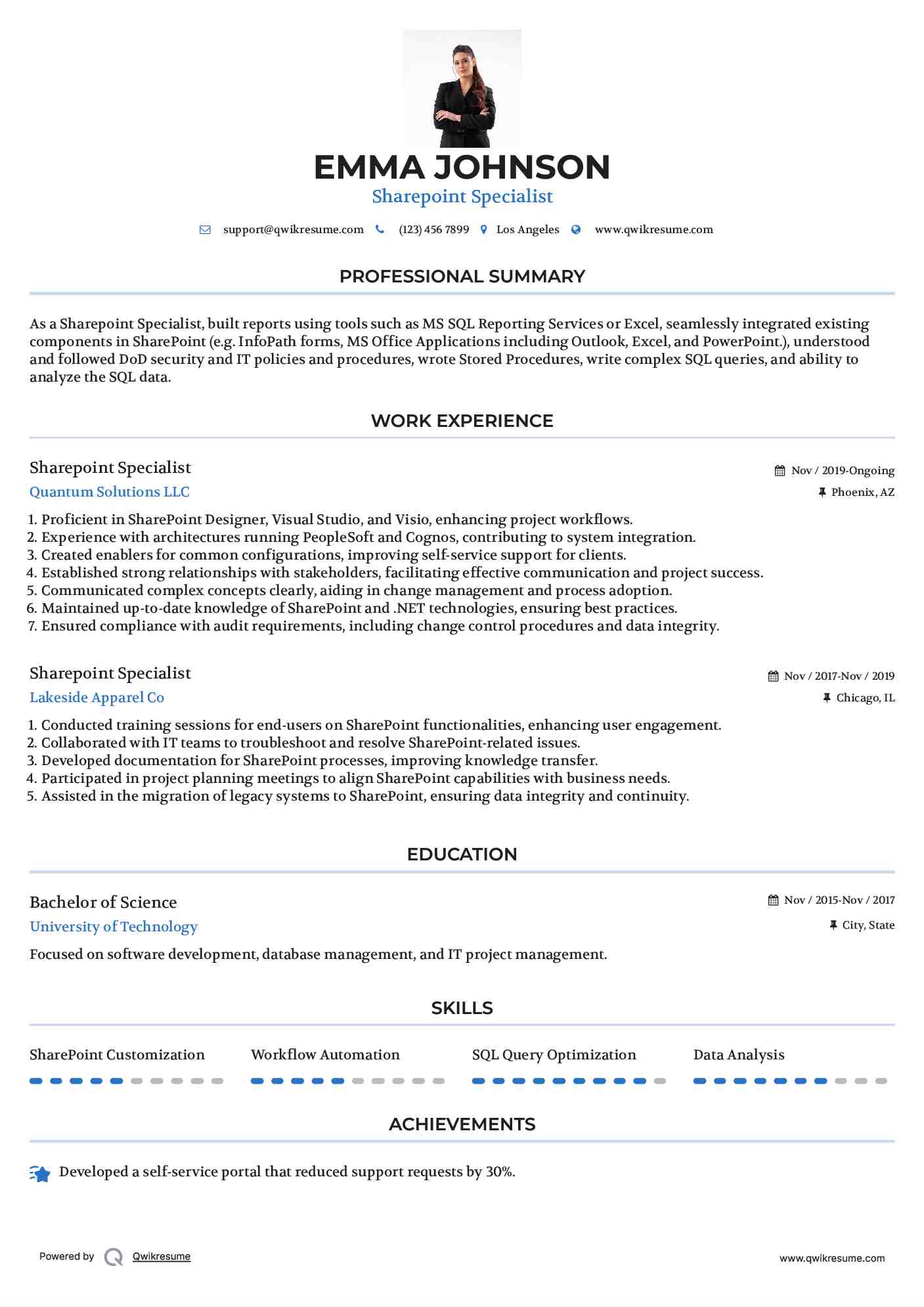 Sharepoint Specialist Resume Template