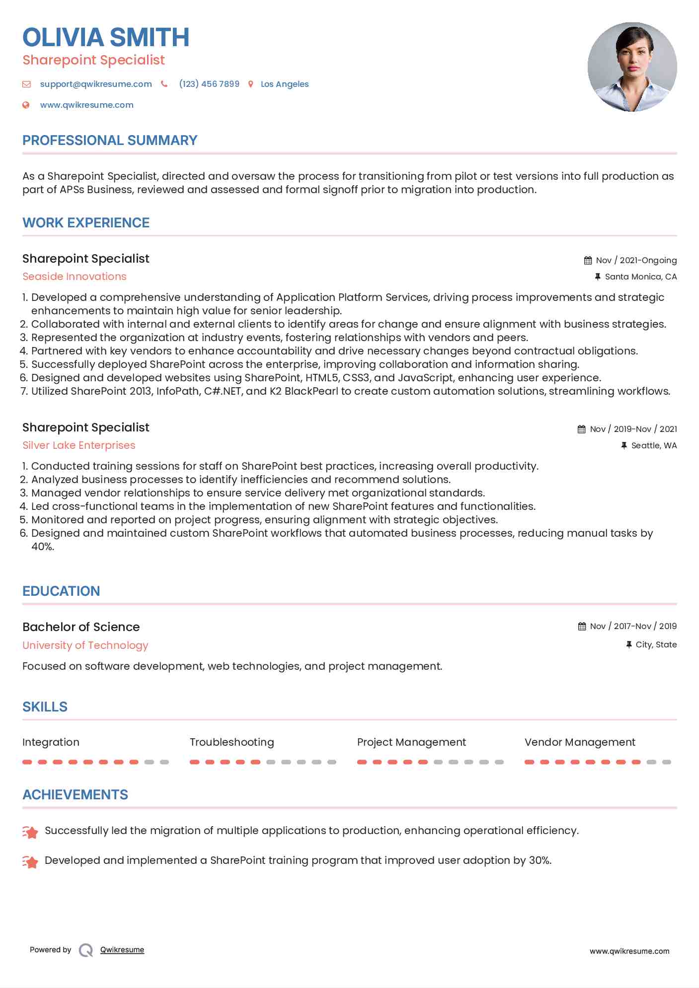 Sharepoint Specialist Resume Model