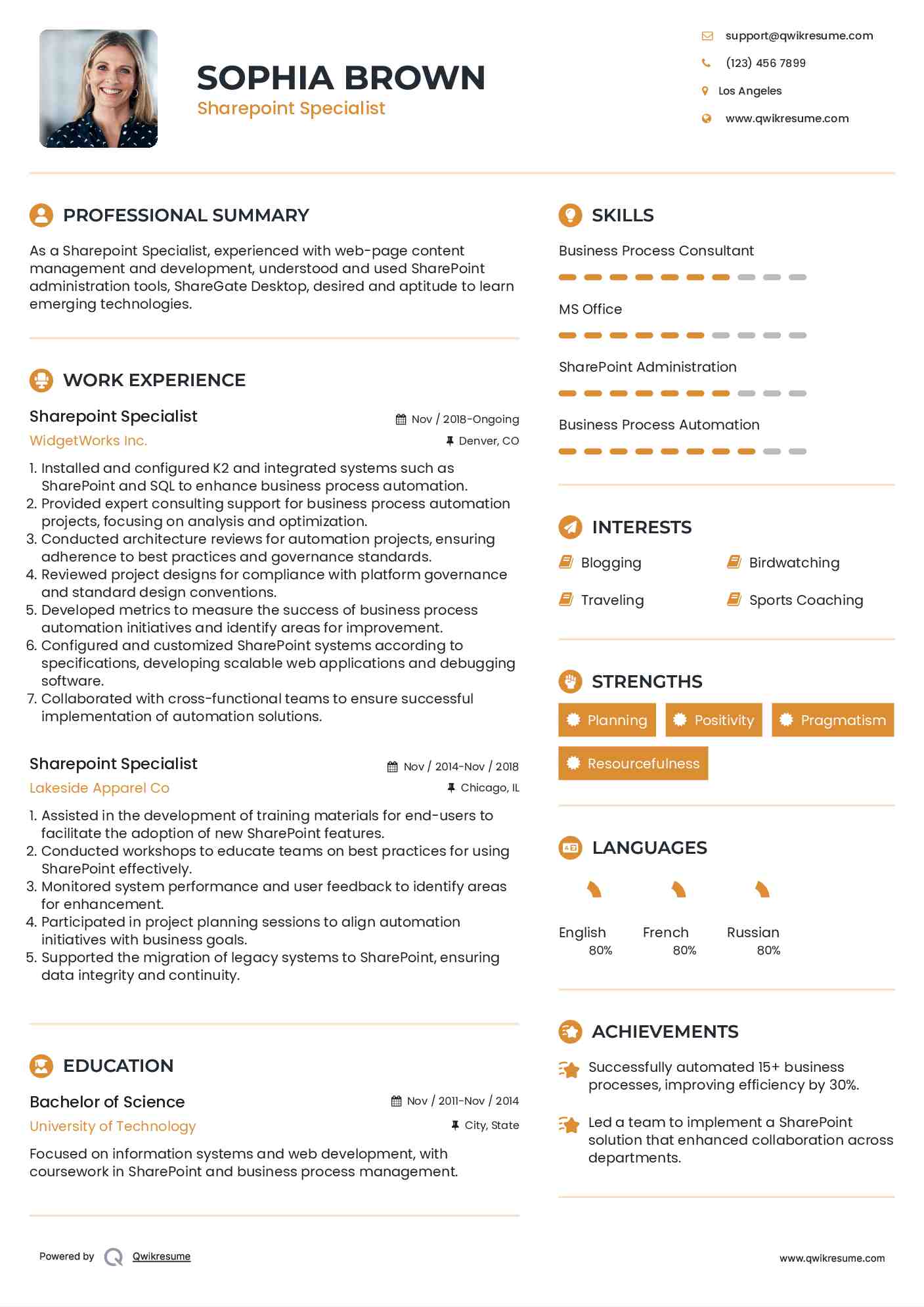 Sharepoint Specialist Resume Example