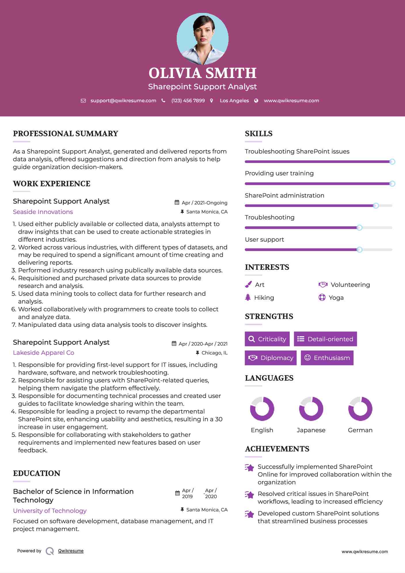 Sharepoint Support Analyst Resume Example