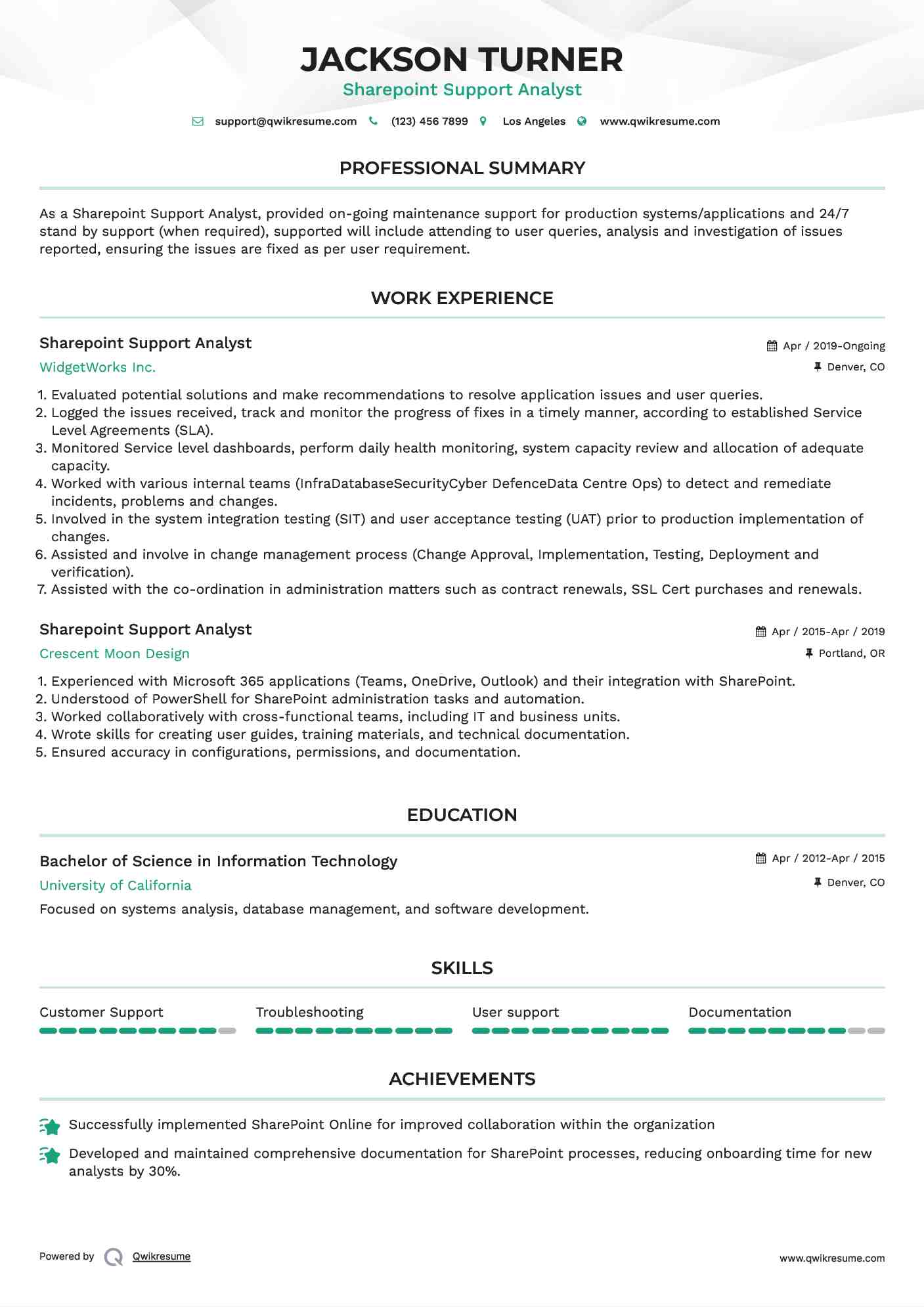 Sharepoint Support Analyst Resume Format