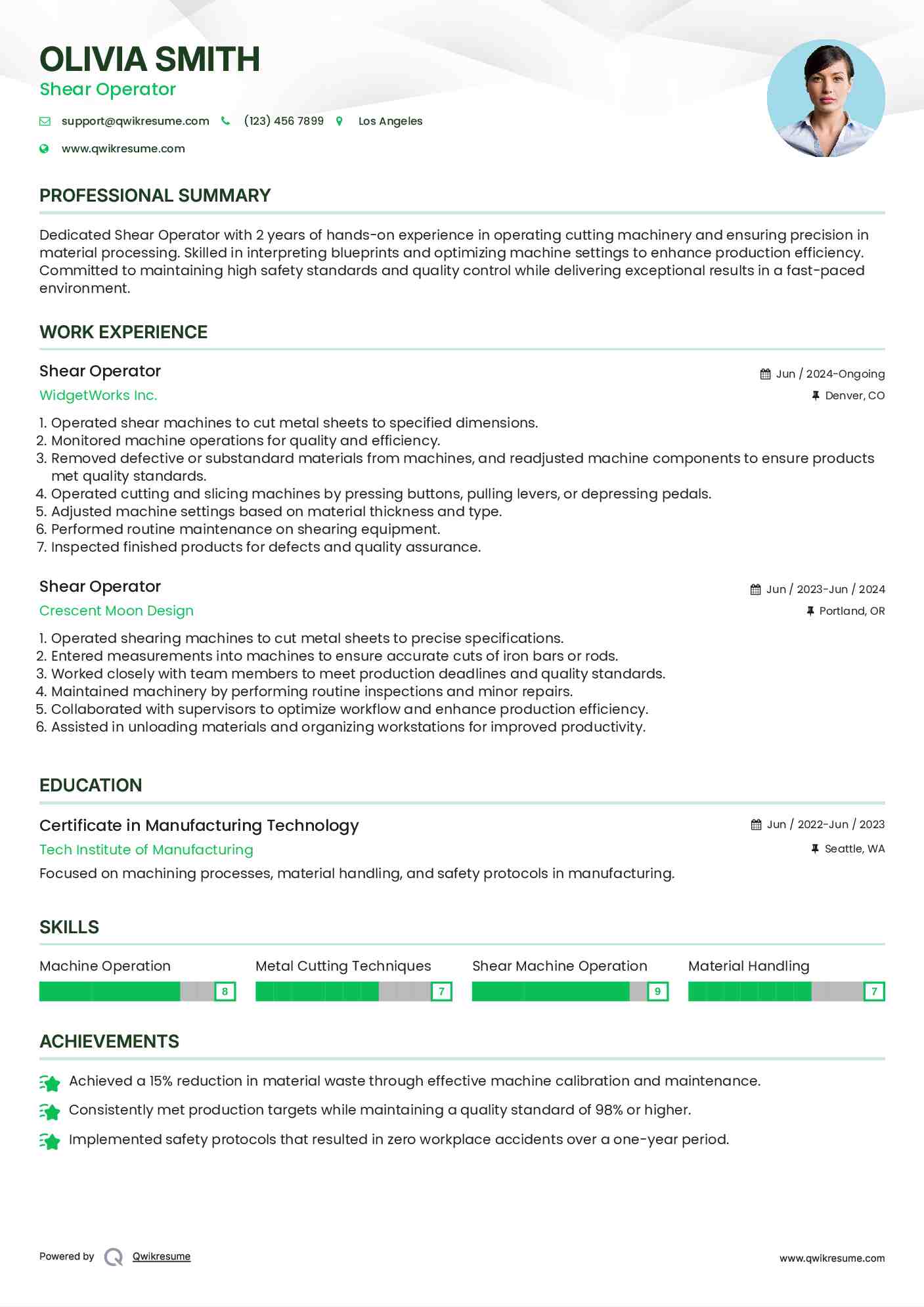 Shear Operator Resume Format