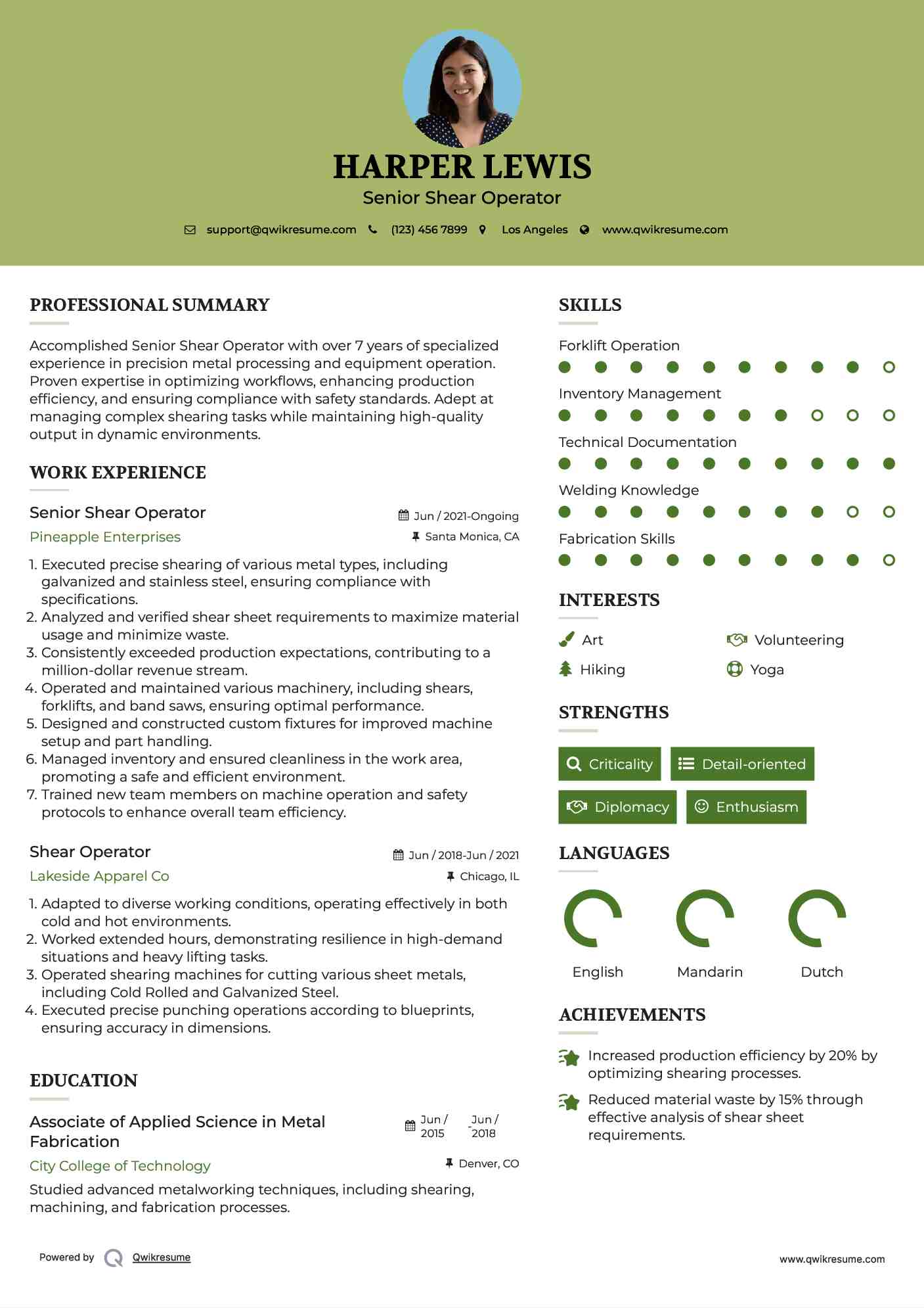 Senior Shear Operator Resume Format